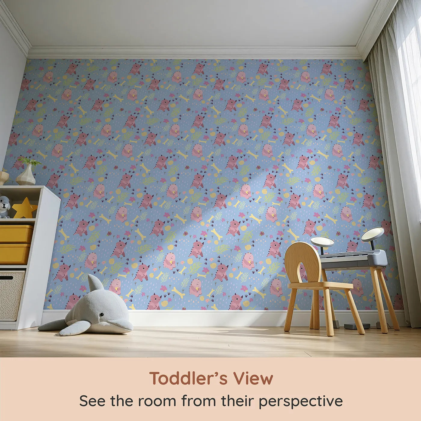 Whimsy Tots Cuddle Saurus Garden Wallpaper in Skyberry Blue (W3112D) from your child's view.Lavender rain and berry blooms fall around playful pink dinos.