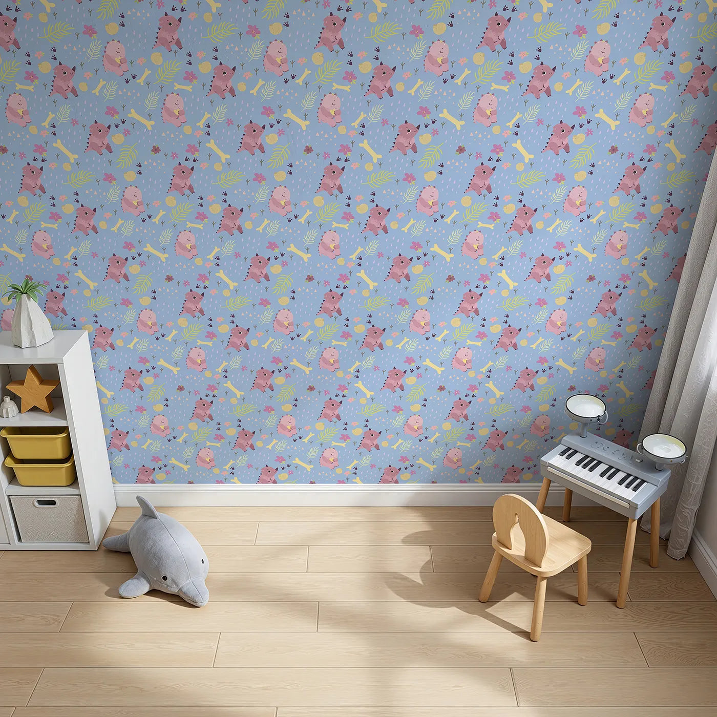 Top-Down view of Whimsy Tots' Cuddle Saurus Garden Wallpaper in Skyberry Blue (W3112D).Lavender rain and berry blooms fall around playful pink dinos.