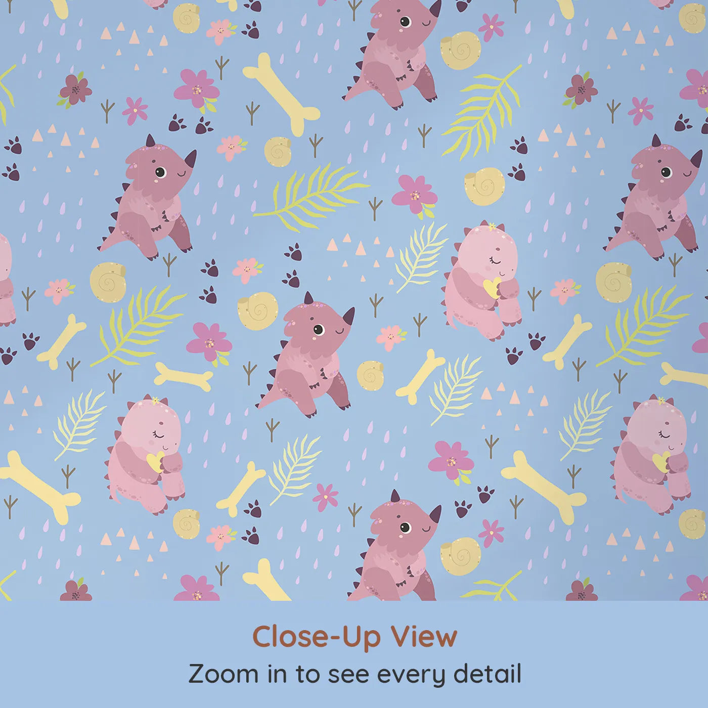 Close-up view of Whimsy Tots' Cuddle Saurus Garden Wallpaper in Skyberry Blue (W3112D).Lavender rain and berry blooms fall around playful pink dinos.