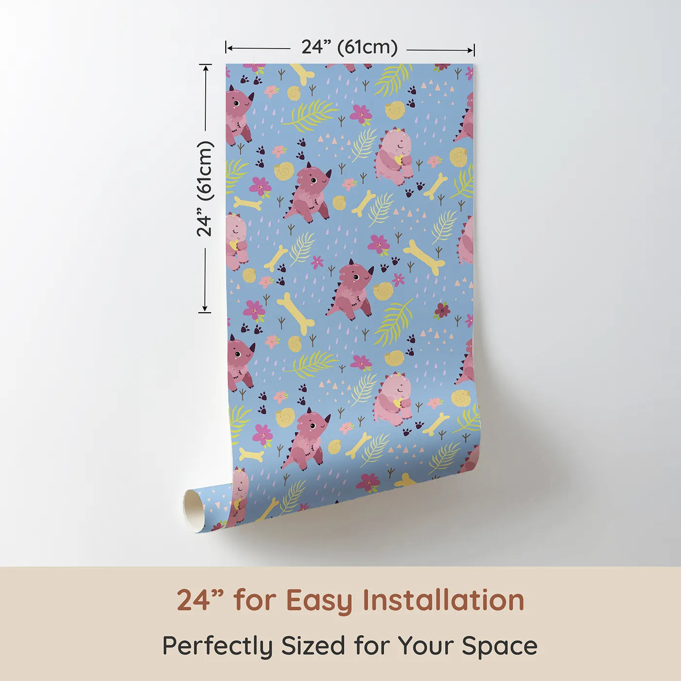 Dimension view of Whimsy Tots Cuddle Saurus Garden Wallpaper in Skyberry Blue (W3112D). Printed in 24-inch-wide panel for easy installation. Lavender rain and berry blooms fall around playful pink dinos.