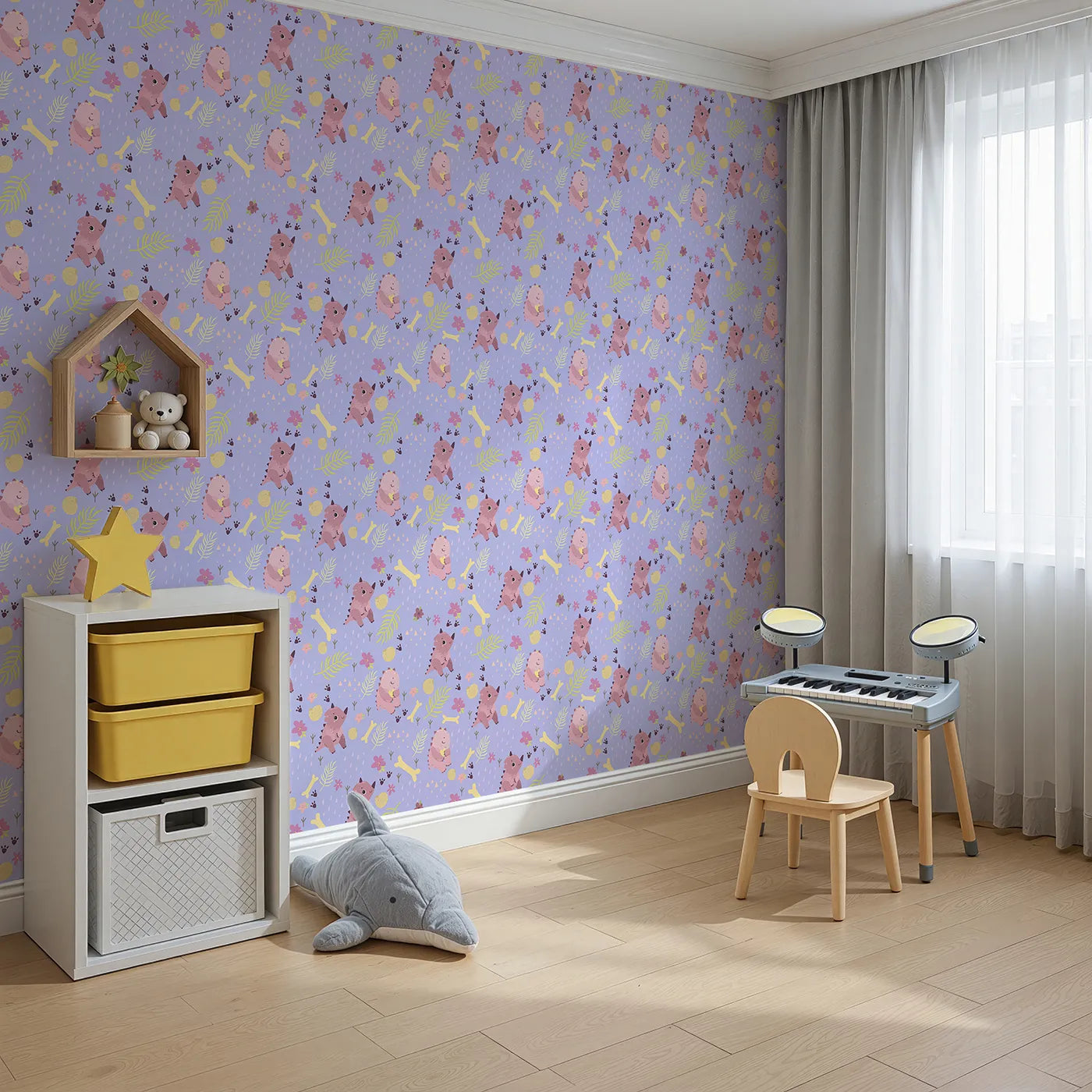 Angled view of Whimsy Tots' Cuddle Saurus Garden Wallpaper in Lavender Mist (W3112E).Smiling pink dinos bloom among raindrops and flowers in this lavender wonderland.