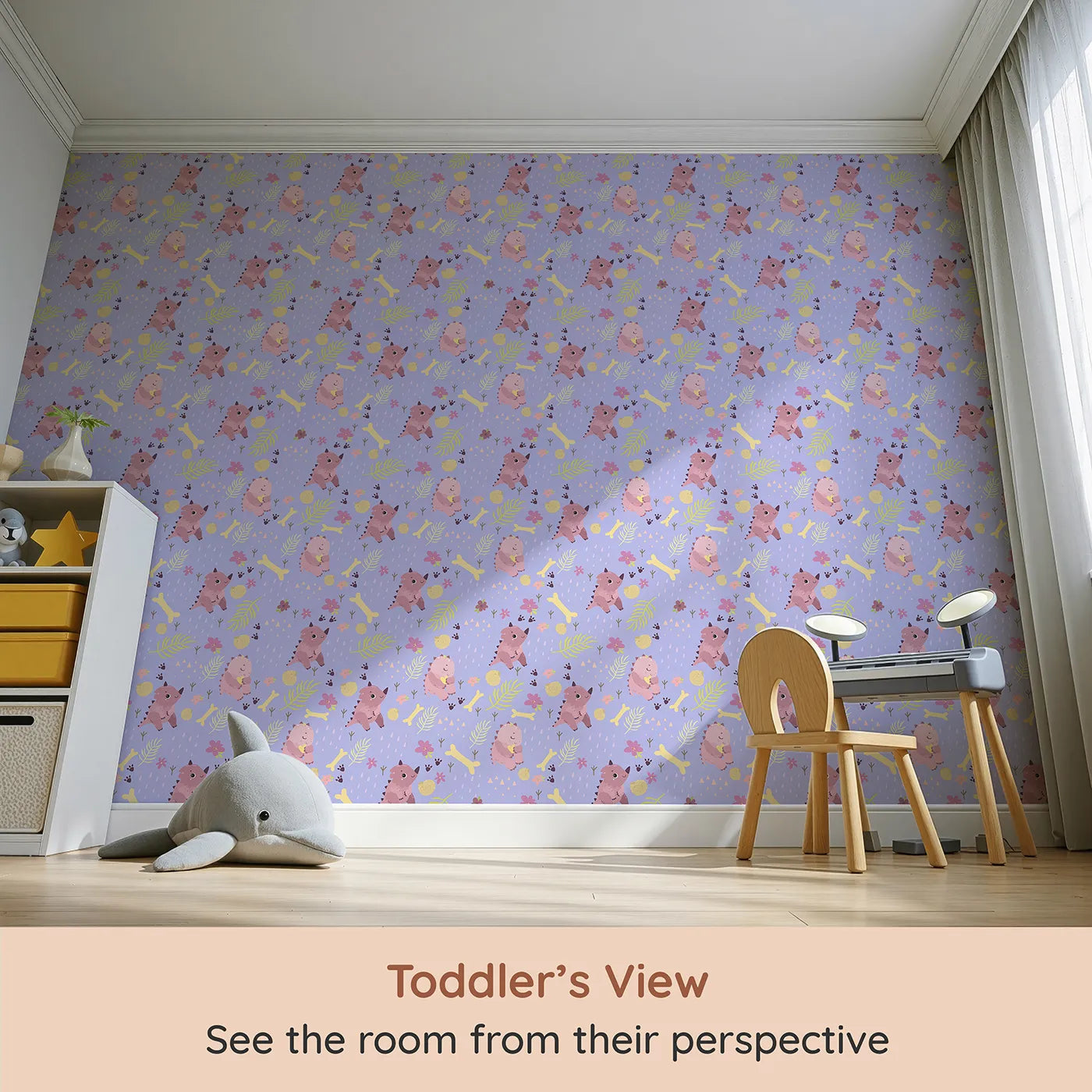Whimsy Tots Cuddle Saurus Garden Wallpaper in Lavender Mist (W3112E) from your child's view.Smiling pink dinos bloom among raindrops and flowers in this lavender wonderland.