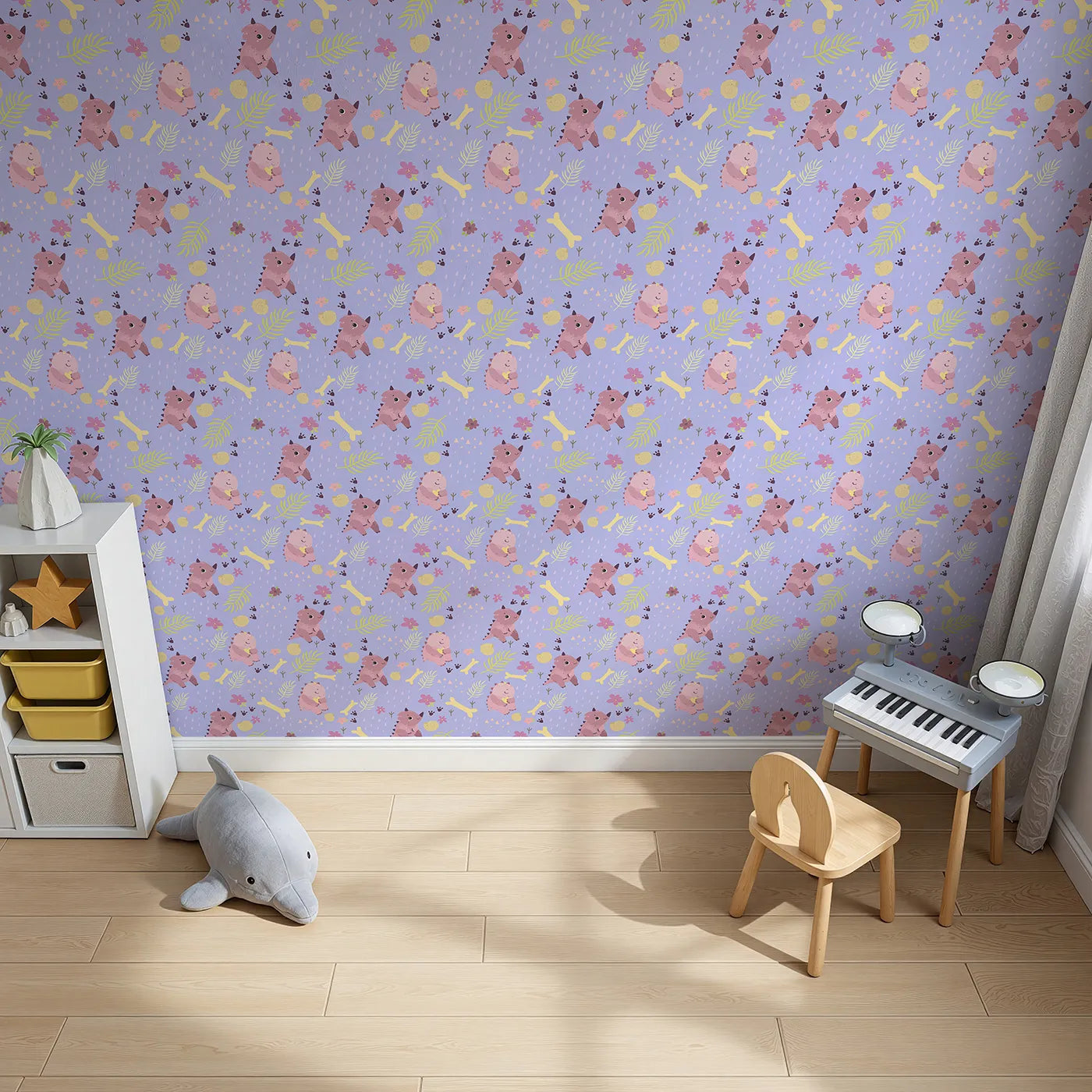 Top-Down view of Whimsy Tots' Cuddle Saurus Garden Wallpaper in Lavender Mist (W3112E).Smiling pink dinos bloom among raindrops and flowers in this lavender wonderland.