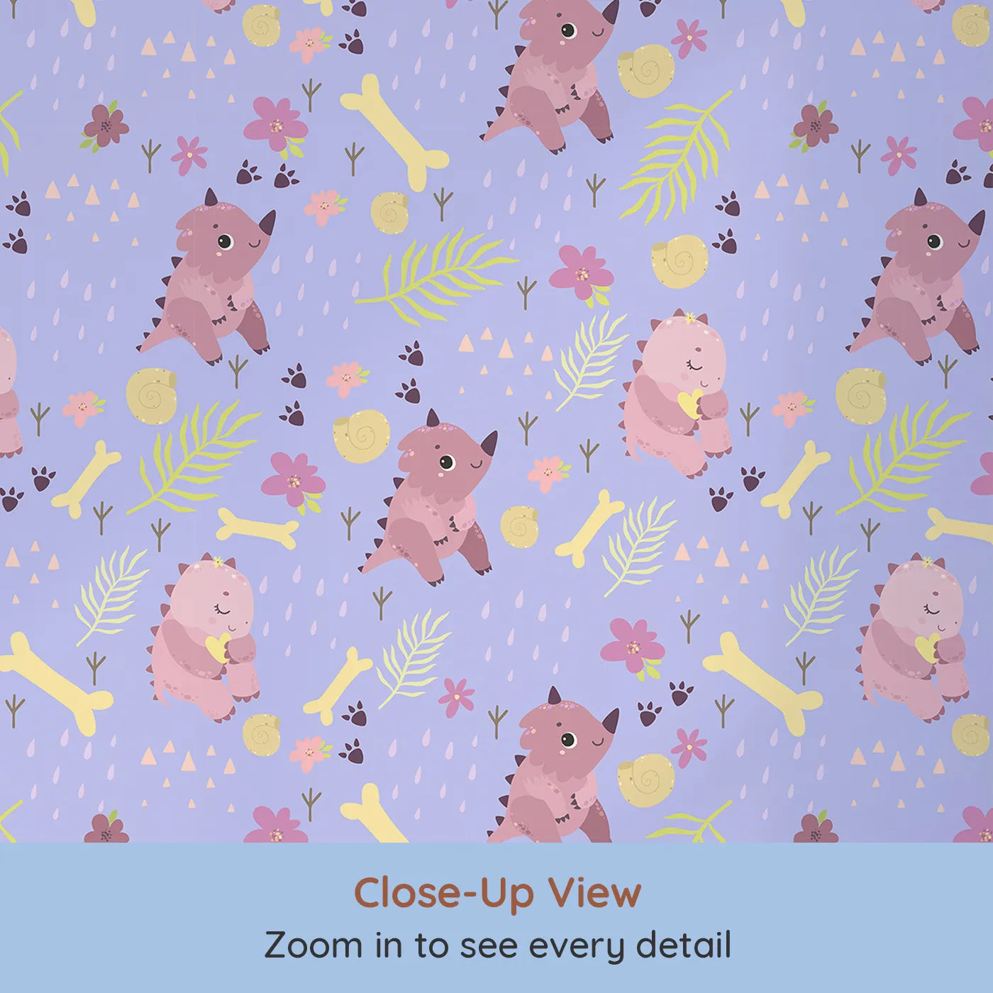 Close-up view of Whimsy Tots' Cuddle Saurus Garden Wallpaper in Lavender Mist (W3112E).Smiling pink dinos bloom among raindrops and flowers in this lavender wonderland.