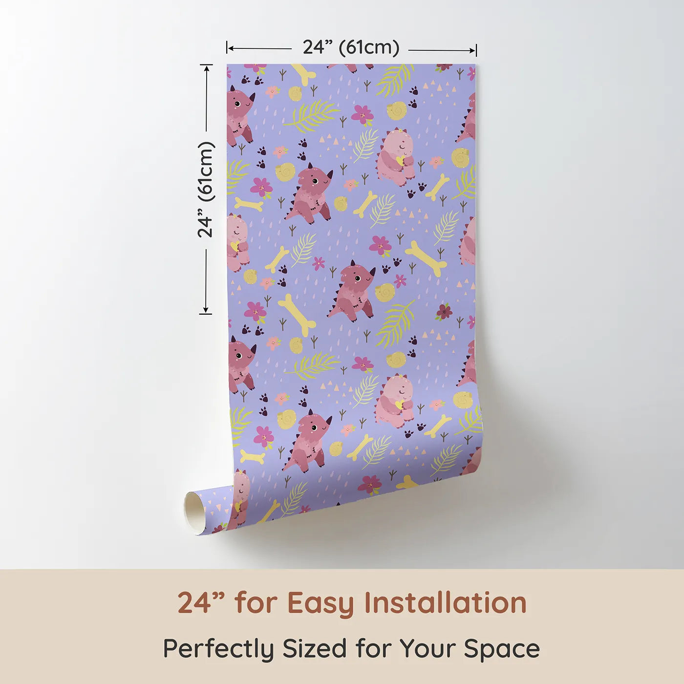 Dimension view of Whimsy Tots Cuddle Saurus Garden Wallpaper in Lavender Mist (W3112E). Printed in 24-inch-wide panel for easy installation. Smiling pink dinos bloom among raindrops and flowers in this lavender wonderland.