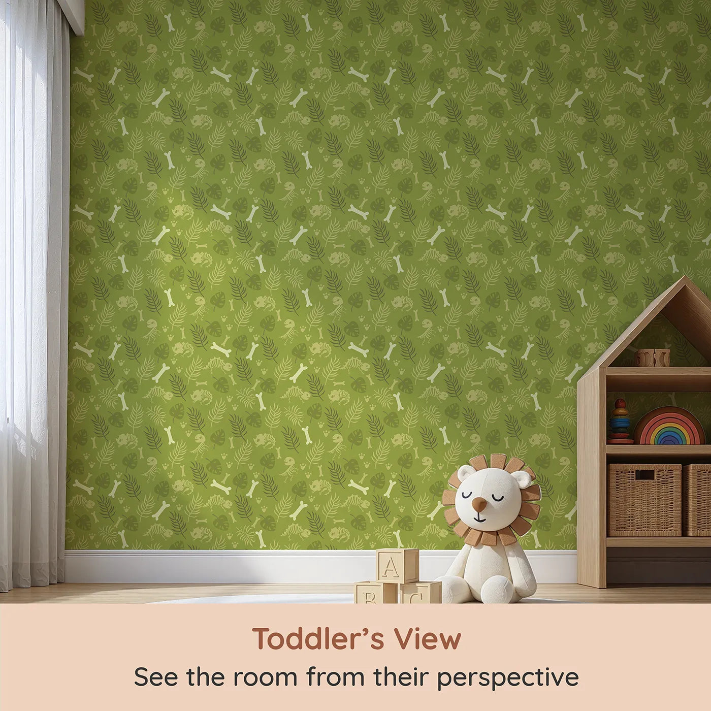 Whimsy Tots Fossil Roar Parade Wallpaper in Sage Green (W3113) from your child's view.Earthy sage fossils and playful prints create a dino-den of calm.