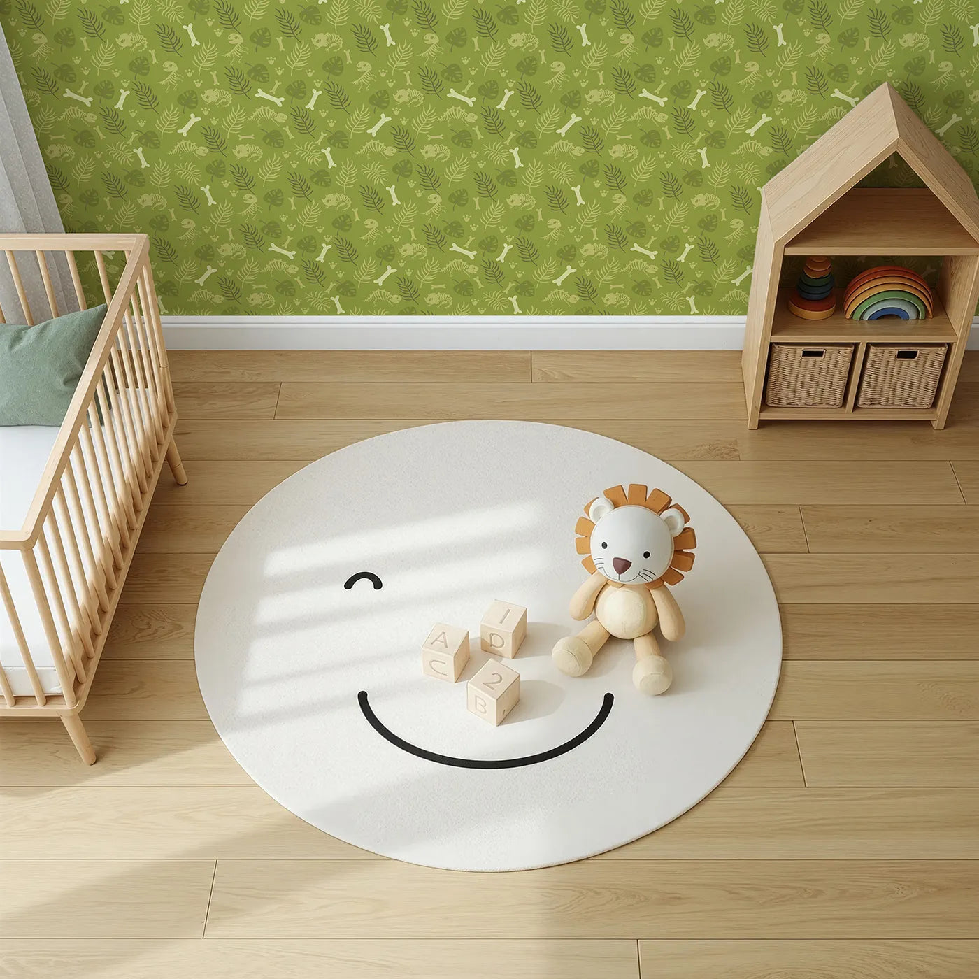 Top-Down view of Whimsy Tots' Fossil Roar Parade Wallpaper in Sage Green (W3113).Earthy sage fossils and playful prints create a dino-den of calm.