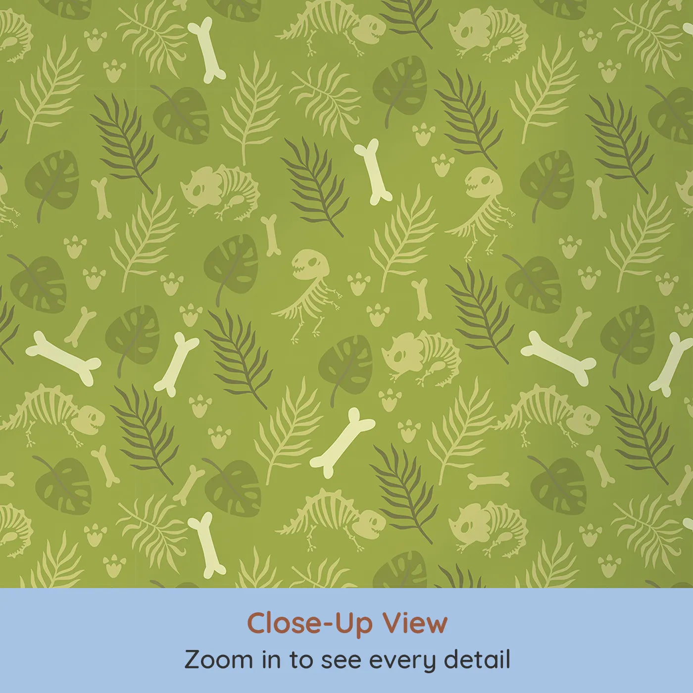 Close-up view of Whimsy Tots' Fossil Roar Parade Wallpaper in Sage Green (W3113).Earthy sage fossils and playful prints create a dino-den of calm.