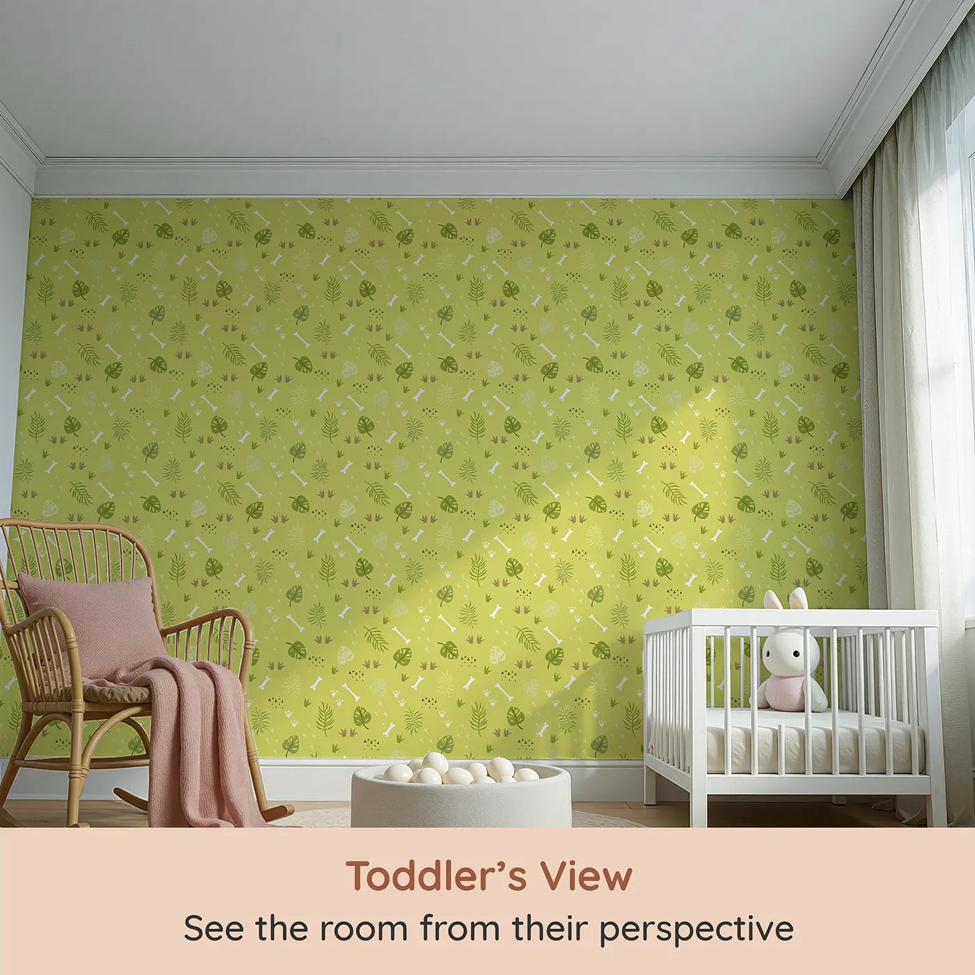 Whimsy Tots Jungle Fossil Tracks Wallpaper in Leafy Lime (W3114) from your child's view.Playful footprints and bones wander through wild green leaves.