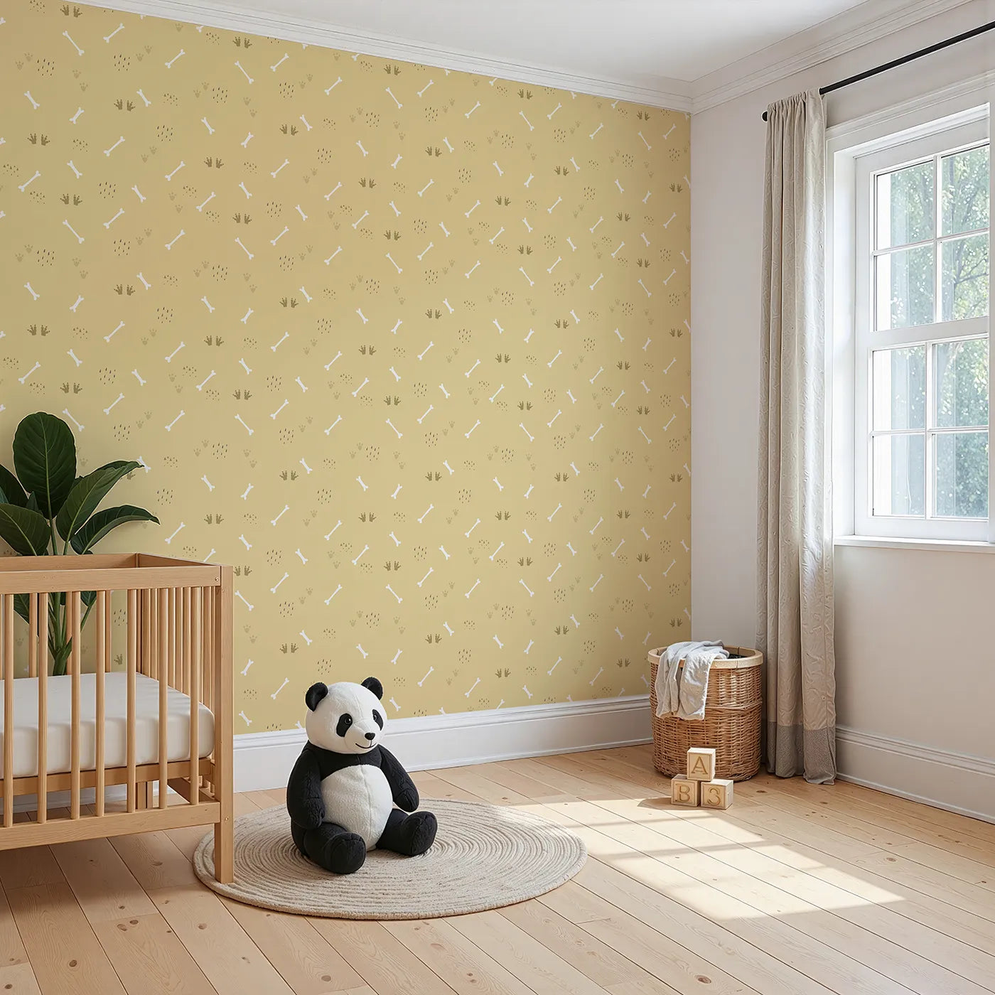 Angled view of Whimsy Tots' Dino Dig Basics Wallpaper in Fossil Beige (W3115A).Simple prints of dino tracks and bones add subtle prehistoric charm.