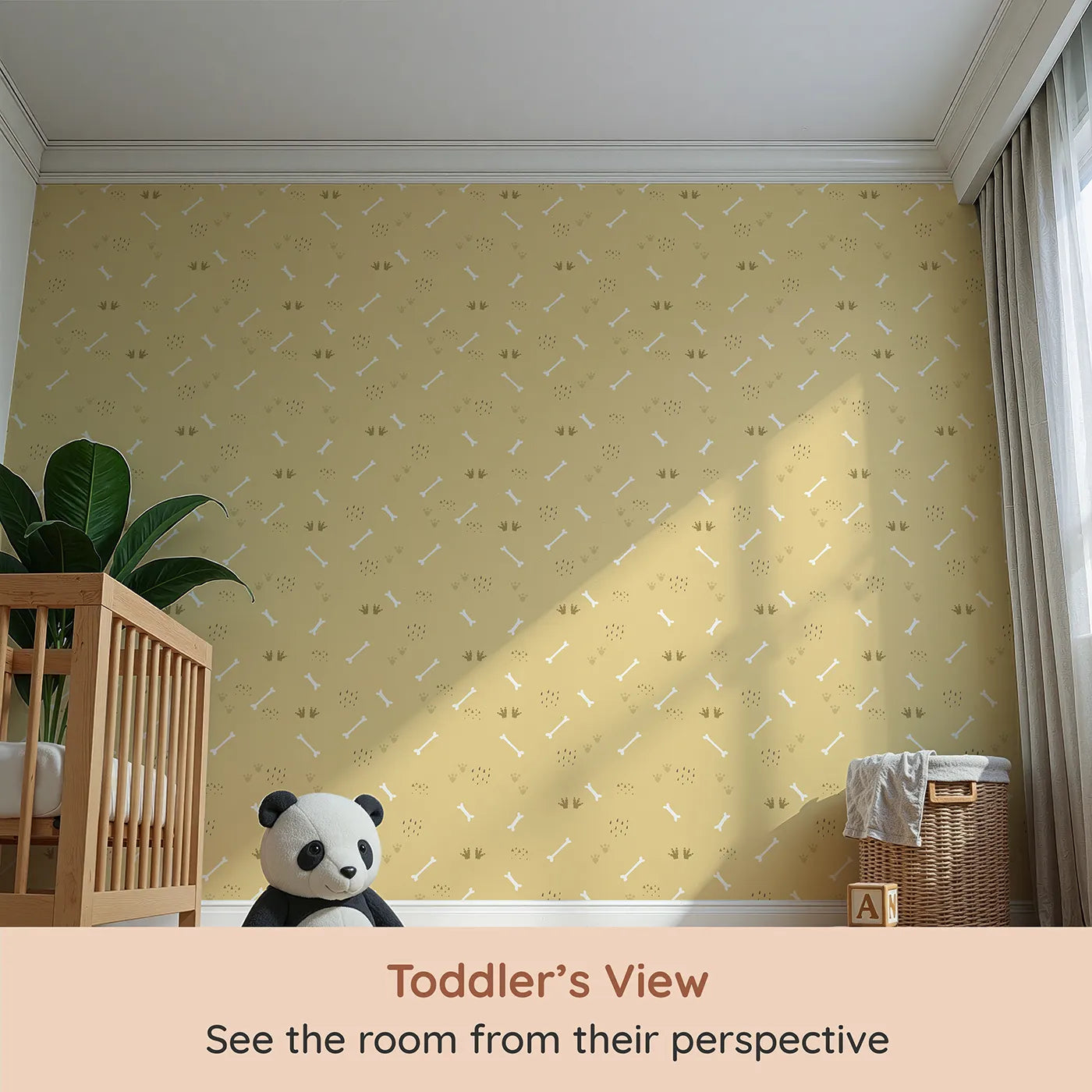 Whimsy Tots Dino Dig Basics Wallpaper in Fossil Beige (W3115A) from your child's view.Simple prints of dino tracks and bones add subtle prehistoric charm.