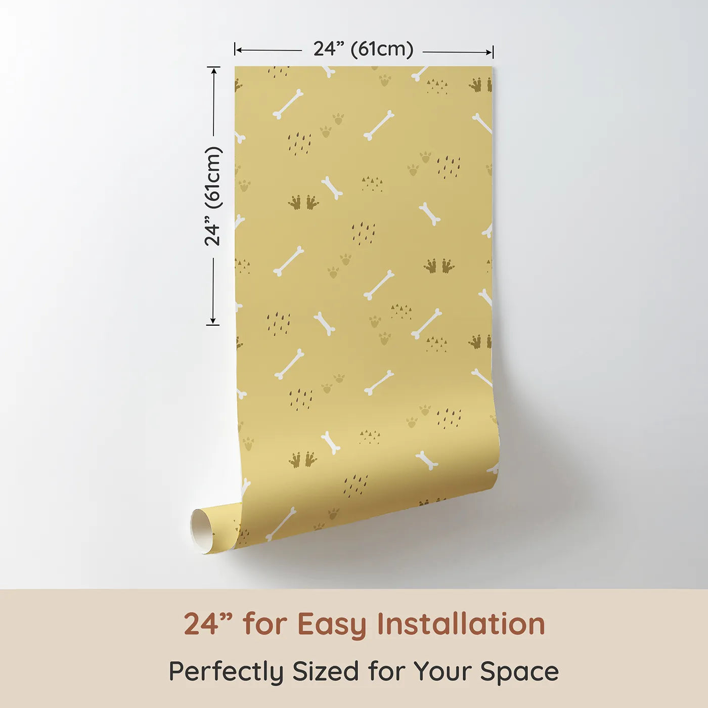 Dimension view of Whimsy Tots Dino Dig Basics Wallpaper in Fossil Beige (W3115A). Printed in 24-inch-wide panel for easy installation. Simple prints of dino tracks and bones add subtle prehistoric charm.