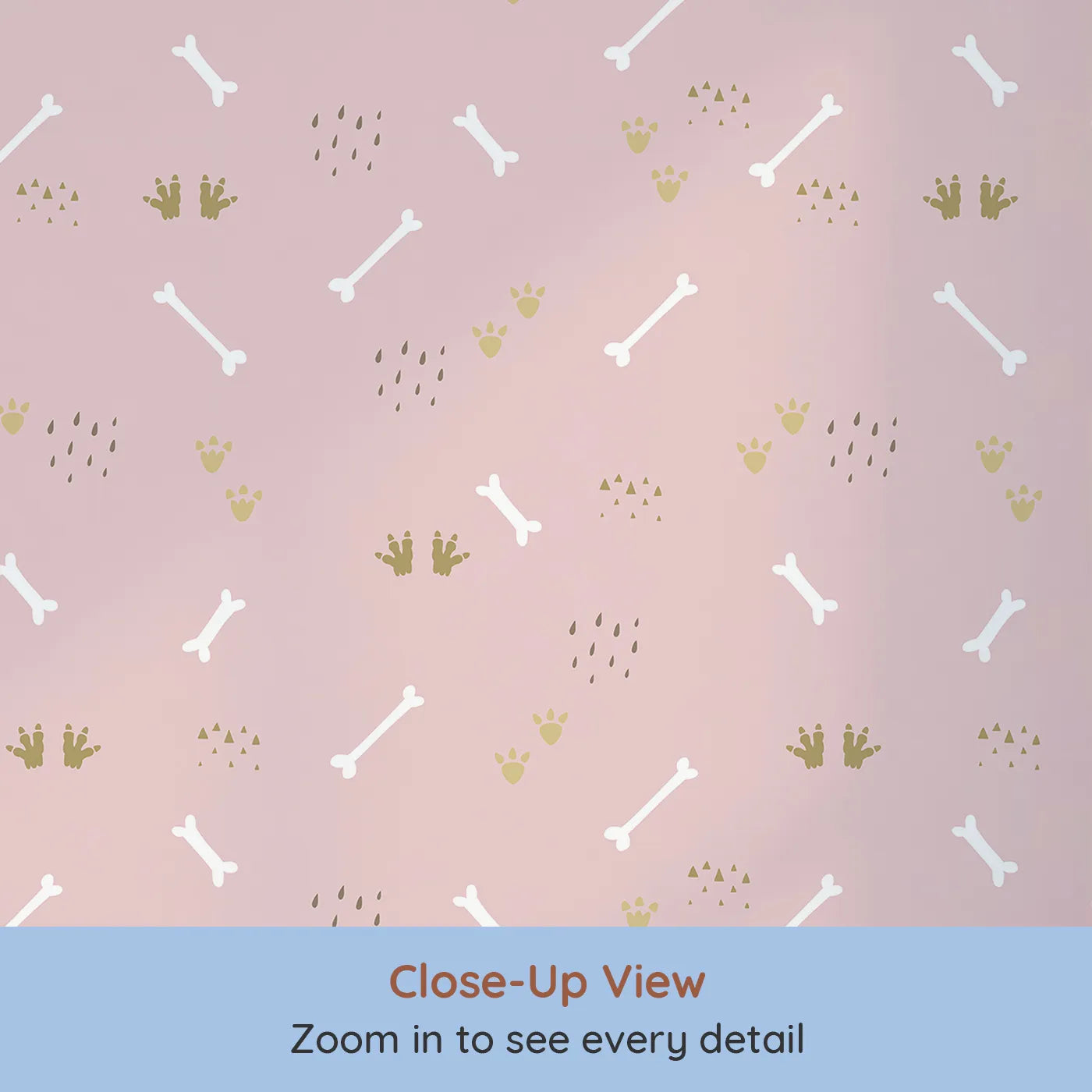 Close-up view of Whimsy Tots' Dino Dig Basics Wallpaper in Rose Blush Pink (W3115B).Whispery prints and blush tones bring prehistoric peace.