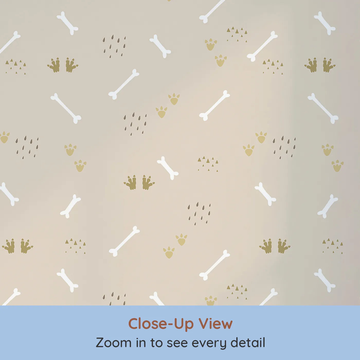 Close-up view of Whimsy Tots' Dino Dig Basics Wallpaper in Pebble Taupe Beige (W3115C).Neutral bones and playful prints add dino charm without clutter.
