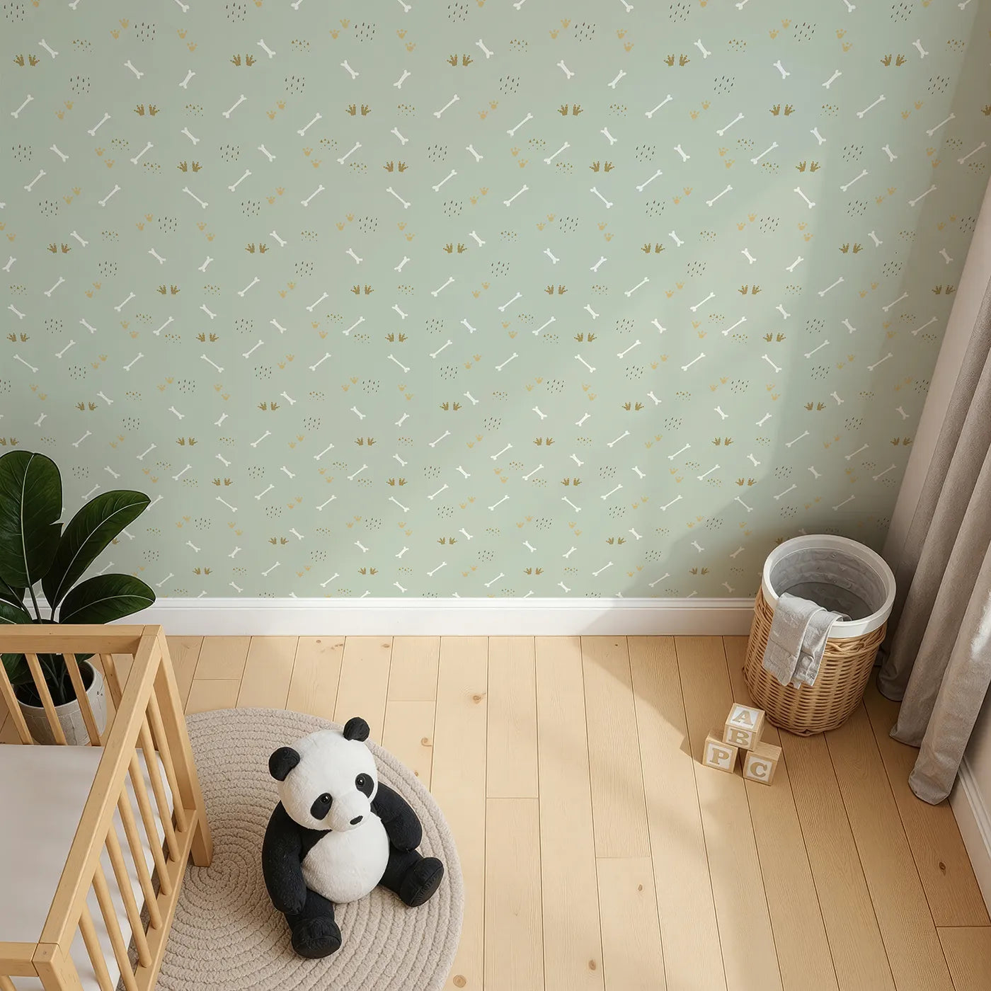 Top-Down view of Whimsy Tots' Dino Dig Basics Wallpaper in Sage Grove Green (W3115D).Soft sage greens meet ancient prints in this fossil-inspired repeat.