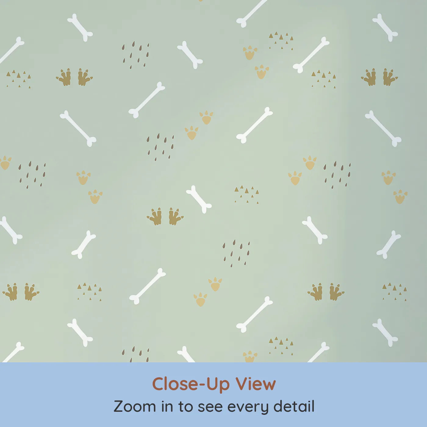 Close-up view of Whimsy Tots' Dino Dig Basics Wallpaper in Sage Grove Green (W3115D).Soft sage greens meet ancient prints in this fossil-inspired repeat.