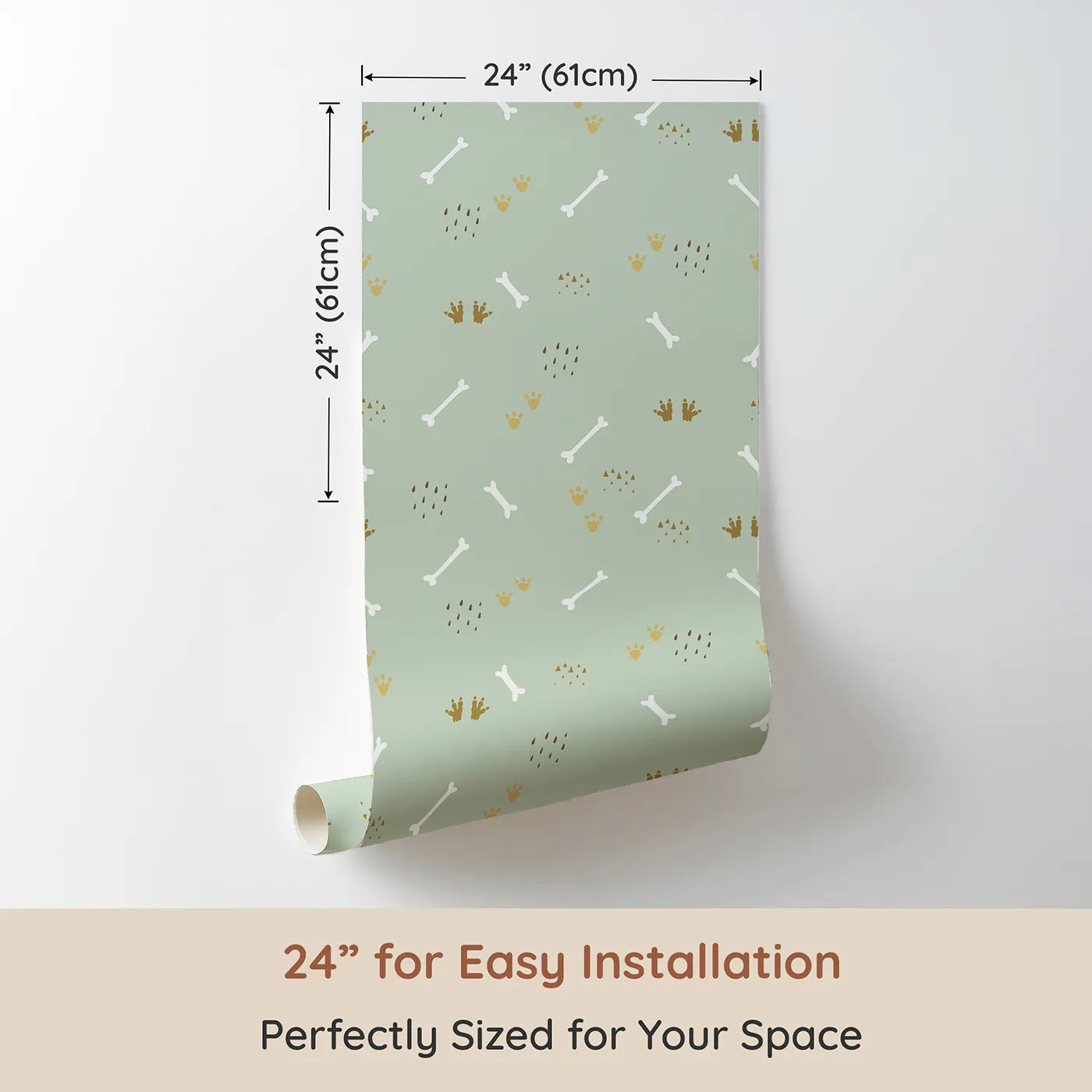 Dimension view of Whimsy Tots Dino Dig Basics Wallpaper in Sage Grove Green (W3115D). Printed in 24-inch-wide panel for easy installation. Soft sage greens meet ancient prints in this fossil-inspired repeat.