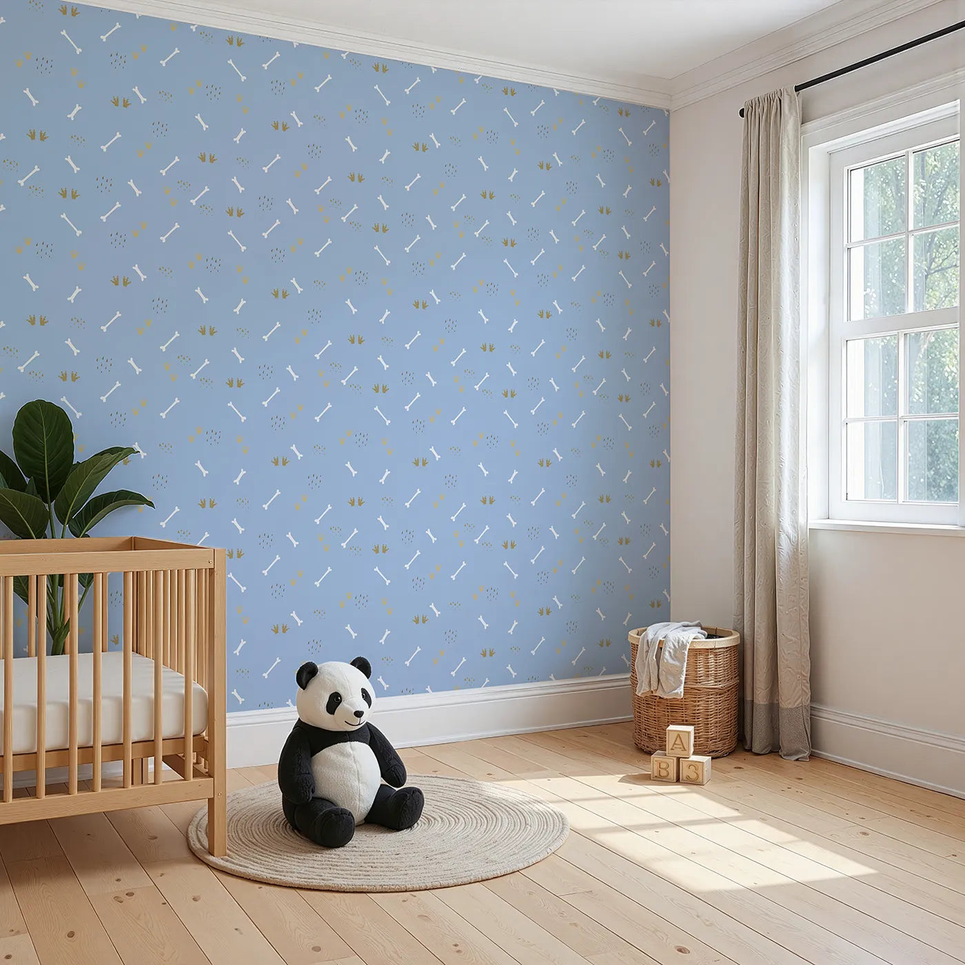 Angled view of Whimsy Tots' Dino Dig Basics Wallpaper in Dusk Blue (W3115E).Blue skies and white bones create a breezy dino stroll.