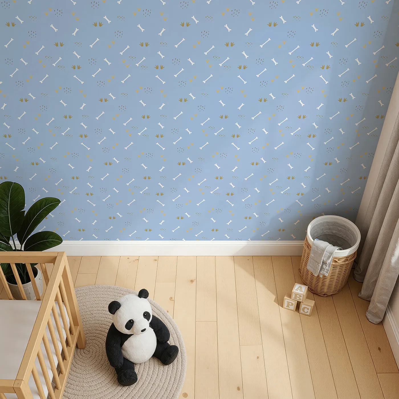 Top-Down view of Whimsy Tots' Dino Dig Basics Wallpaper in Dusk Blue (W3115E).Blue skies and white bones create a breezy dino stroll.