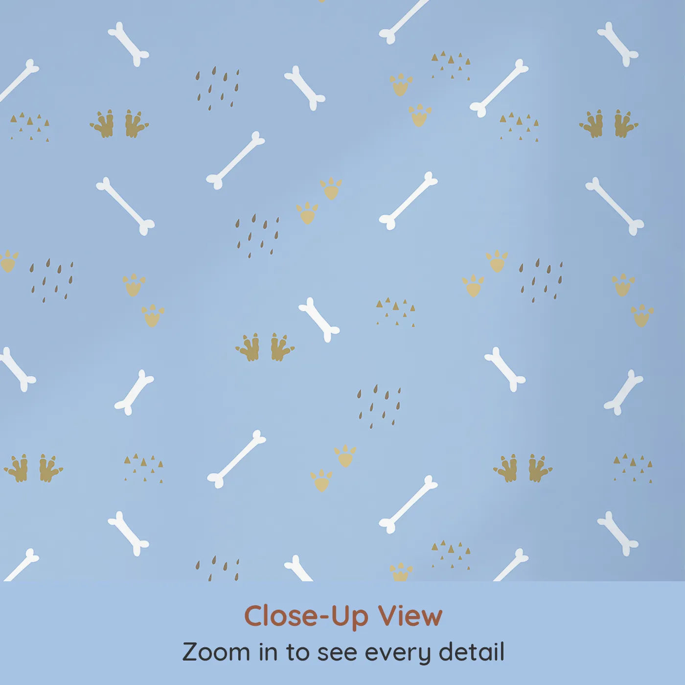 Close-up view of Whimsy Tots' Dino Dig Basics Wallpaper in Dusk Blue (W3115E).Blue skies and white bones create a breezy dino stroll.