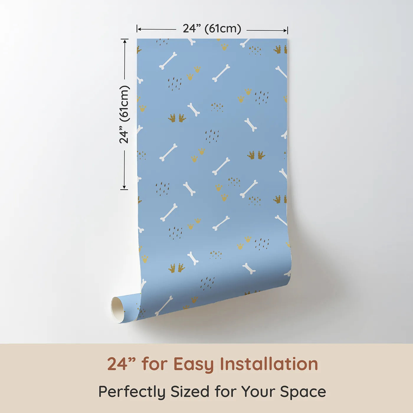 Dimension view of Whimsy Tots Dino Dig Basics Wallpaper in Dusk Blue (W3115E). Printed in 24-inch-wide panel for easy installation. Blue skies and white bones create a breezy dino stroll.