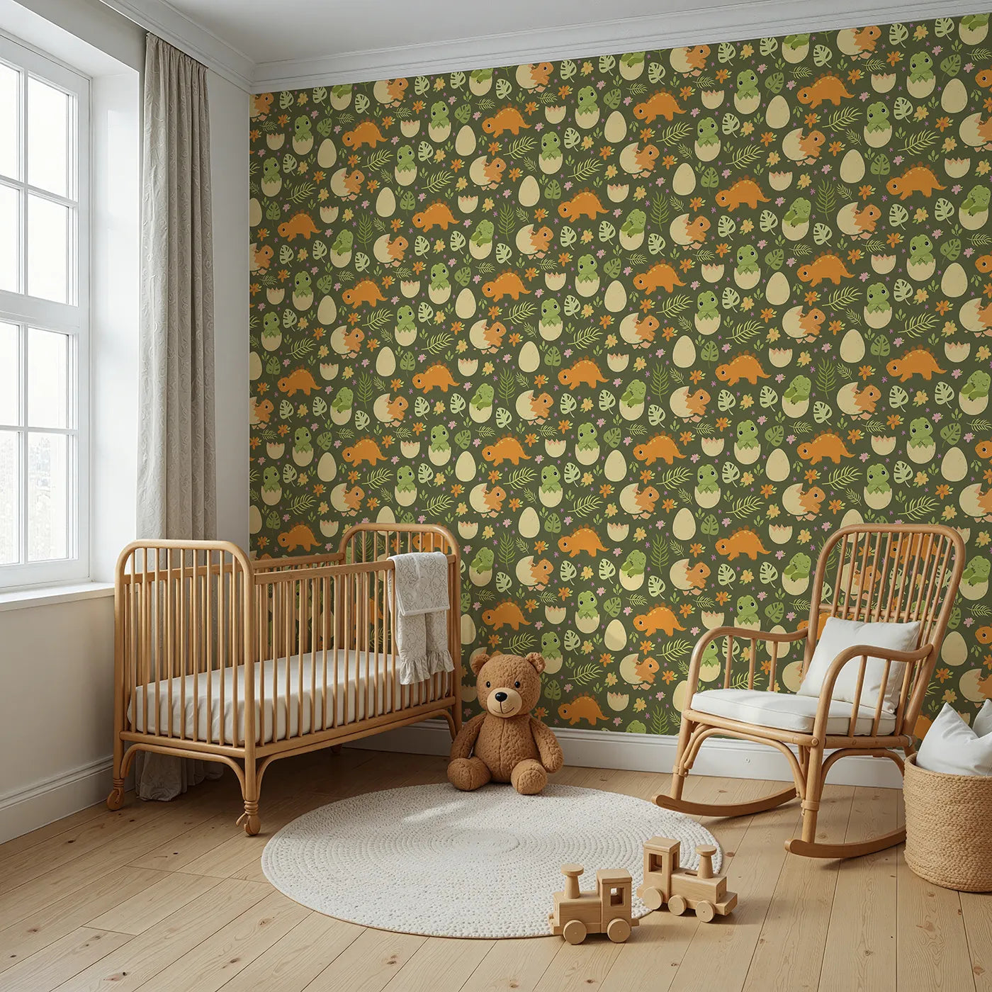 Angled view of Whimsy Tots' Hatchling Dino Garden Wallpaper in Olive Fern Green (W3116A).Smiling dino babies hatch among lush leaves and cheerful blooms.