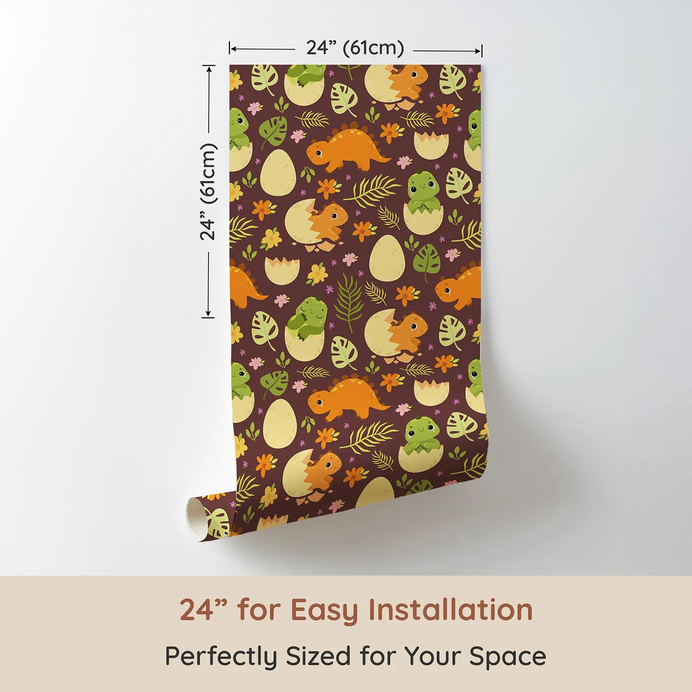 Dimension view of Whimsy Tots Hatchling Dino Garden Wallpaper in Berry Soil (W3116B). Printed in 24-inch-wide panel for easy installation. Blossoms and baby dinos pop against warm plum soil.