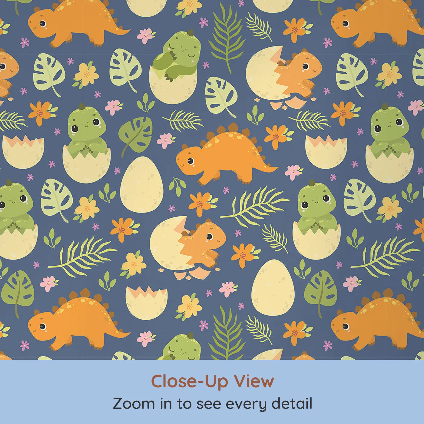 Close-up view of Whimsy Tots' Hatchling Dino Garden Wallpaper in Midnight Nest (W3116C).Cheerful hatchlings and leafy blooms pop against deep twilight blue.