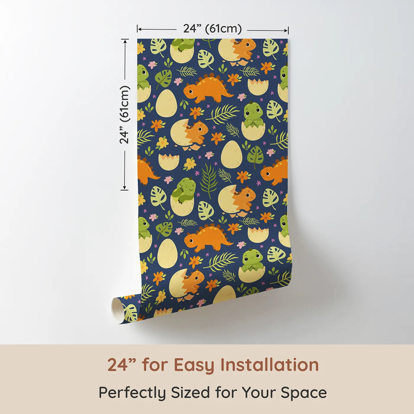Dimension view of Whimsy Tots Hatchling Dino Garden Wallpaper in Midnight Nest (W3116C). Printed in 24-inch-wide panel for easy installation. Cheerful hatchlings and leafy blooms pop against deep twilight blue.