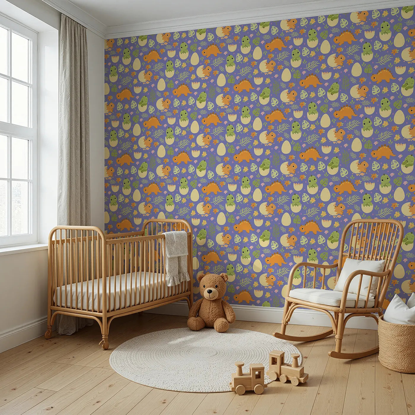 Angled view of Whimsy Tots' Hatchling Dino Garden Wallpaper in Blossom Lilac Lavender (W3116D).Dino babies and spring flowers bloom over a soft lilac sky.