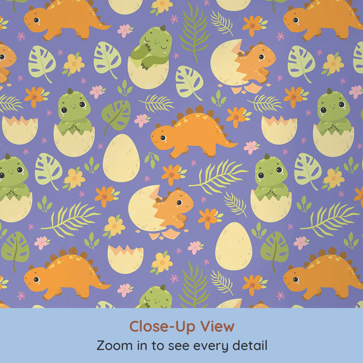 Close-up view of Whimsy Tots' Hatchling Dino Garden Wallpaper in Blossom Lilac Lavender (W3116D).Dino babies and spring flowers bloom over a soft lilac sky.