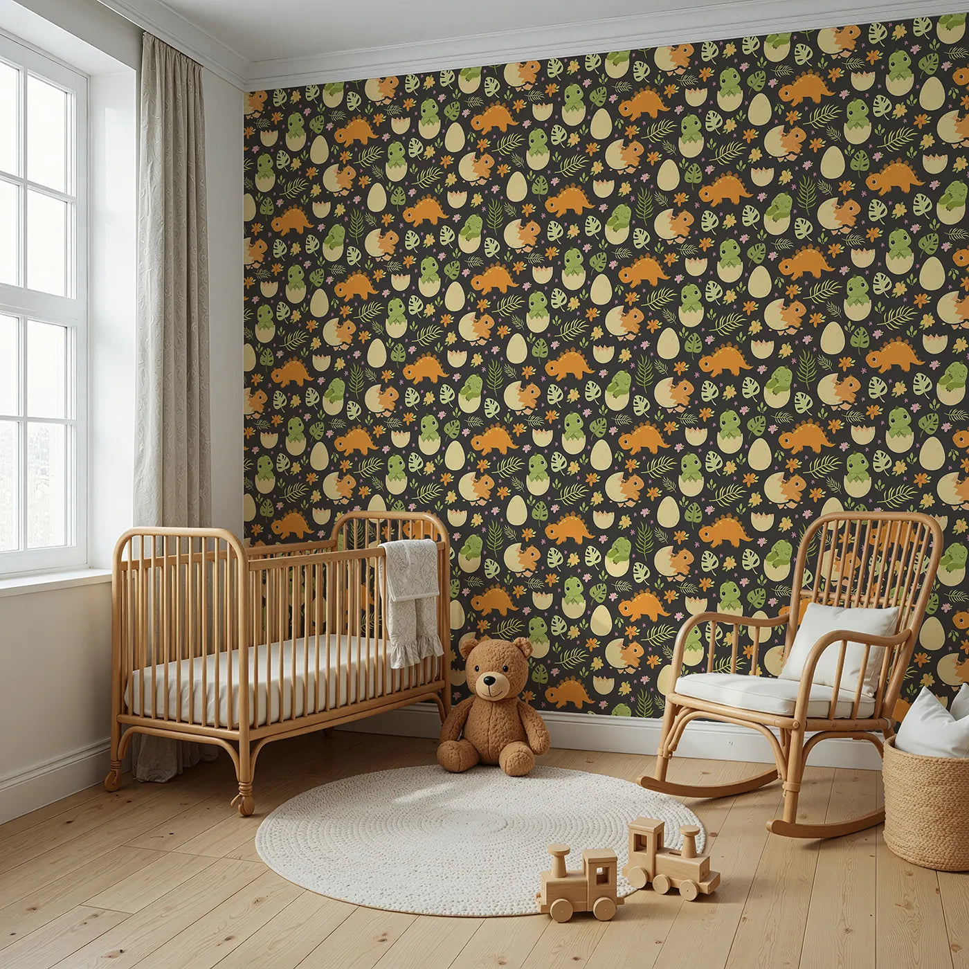 Angled view of Whimsy Tots' Hatchling Dino Garden Wallpaper in Charcoal Nest Gray (W3116E).Bright dino babies and florals shine against moody charcoal tones.