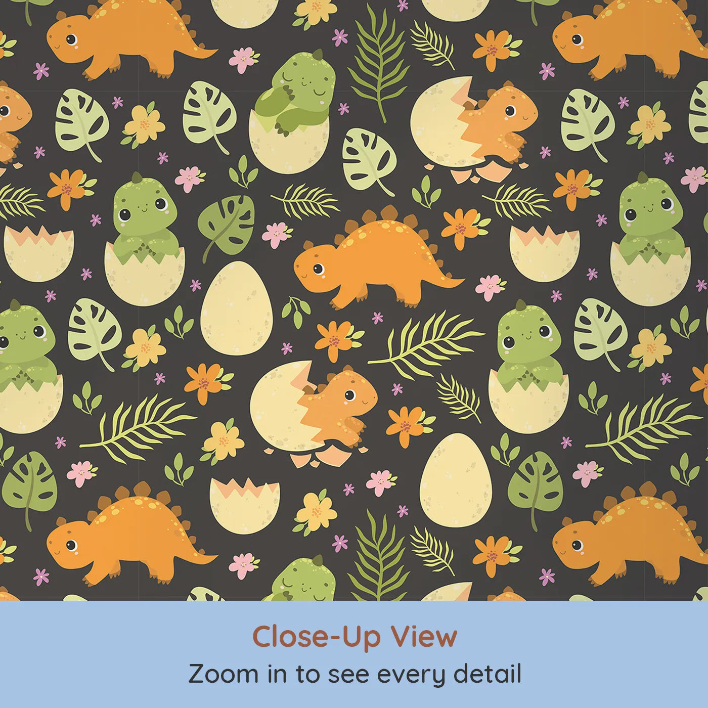Close-up view of Whimsy Tots' Hatchling Dino Garden Wallpaper in Charcoal Nest Gray (W3116E).Bright dino babies and florals shine against moody charcoal tones.