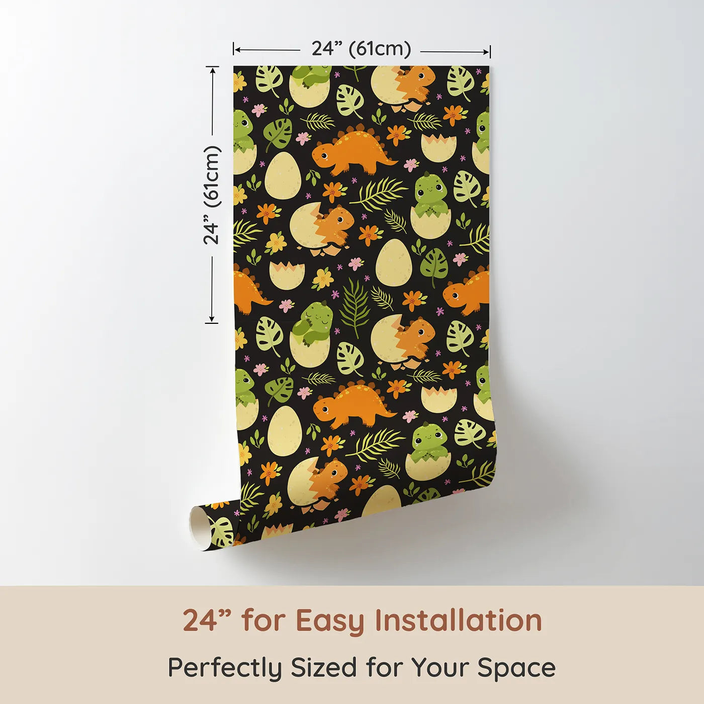 Dimension view of Whimsy Tots Hatchling Dino Garden Wallpaper in Charcoal Nest Gray (W3116E). Printed in 24-inch-wide panel for easy installation. Bright dino babies and florals shine against moody charcoal tones.