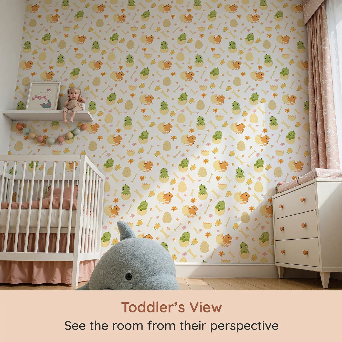 Whimsy Tots Hatchling Dino Parade Wallpaper in Soft Eggshell (W3117A) from your child's view.Cheerful dinos and gentle bones dance across a bright eggshell white.