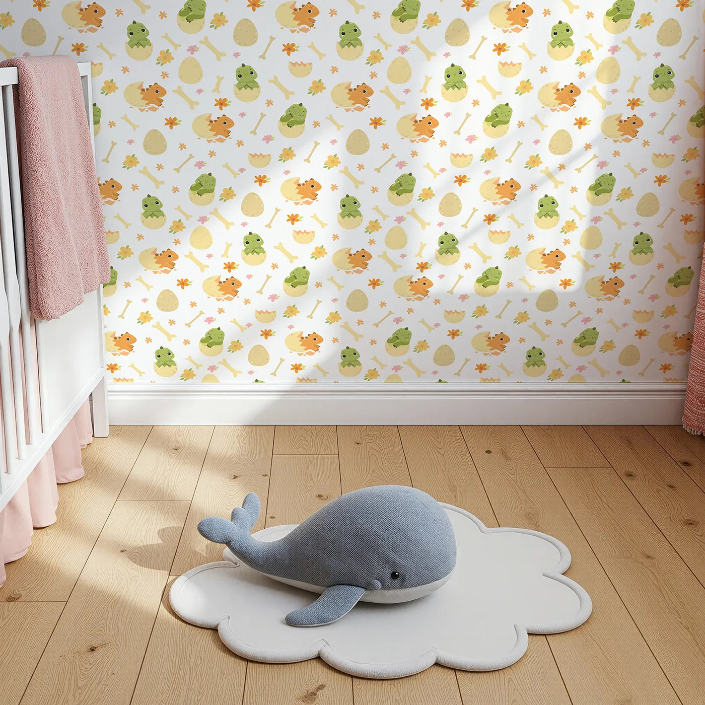 Top-Down view of Whimsy Tots' Hatchling Dino Parade Wallpaper in Soft Eggshell (W3117A).Cheerful dinos and gentle bones dance across a bright eggshell white.