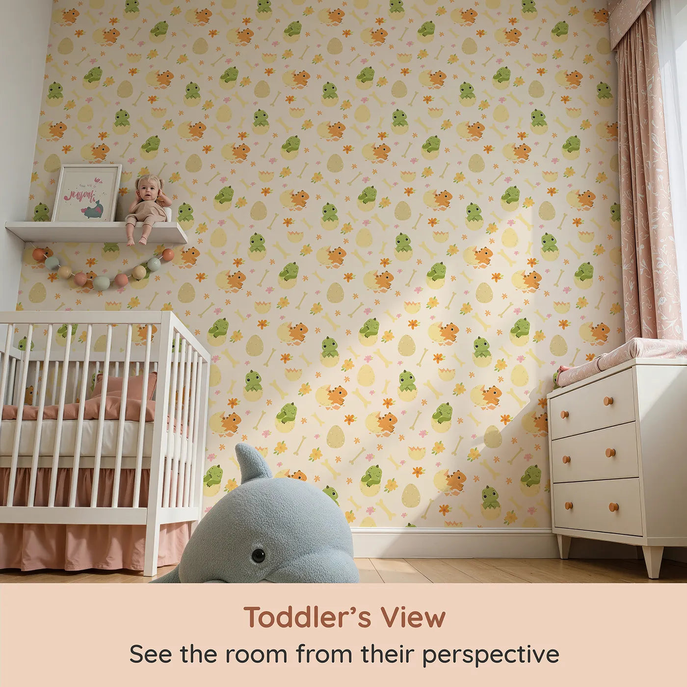 Whimsy Tots Hatchling Dino Parade Wallpaper in Dappled Beige (W3117B) from your child's view.Sunny hatchlings and gentle bones brighten soft beige walls.