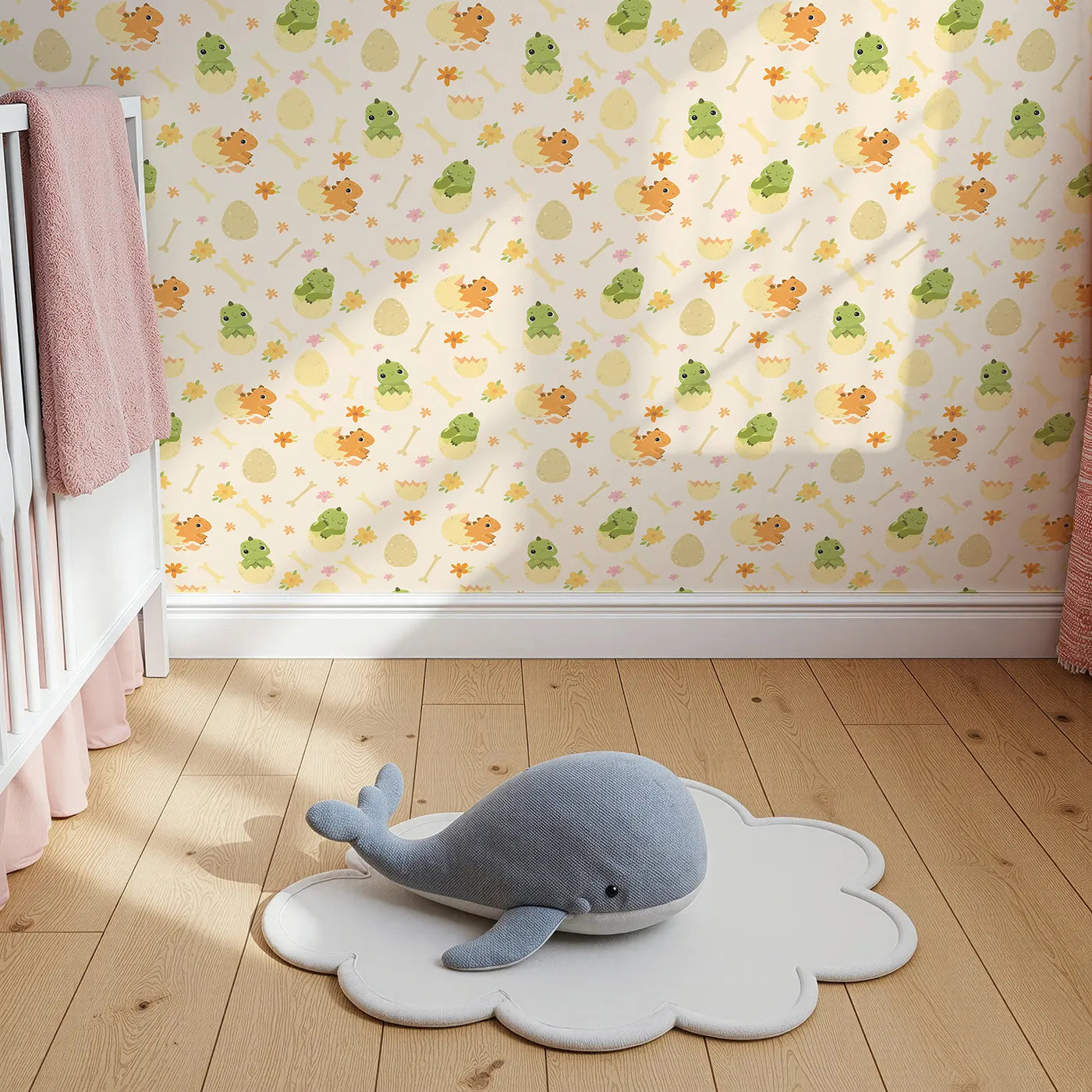 Top-Down view of Whimsy Tots' Hatchling Dino Parade Wallpaper in Dappled Beige (W3117B).Sunny hatchlings and gentle bones brighten soft beige walls.