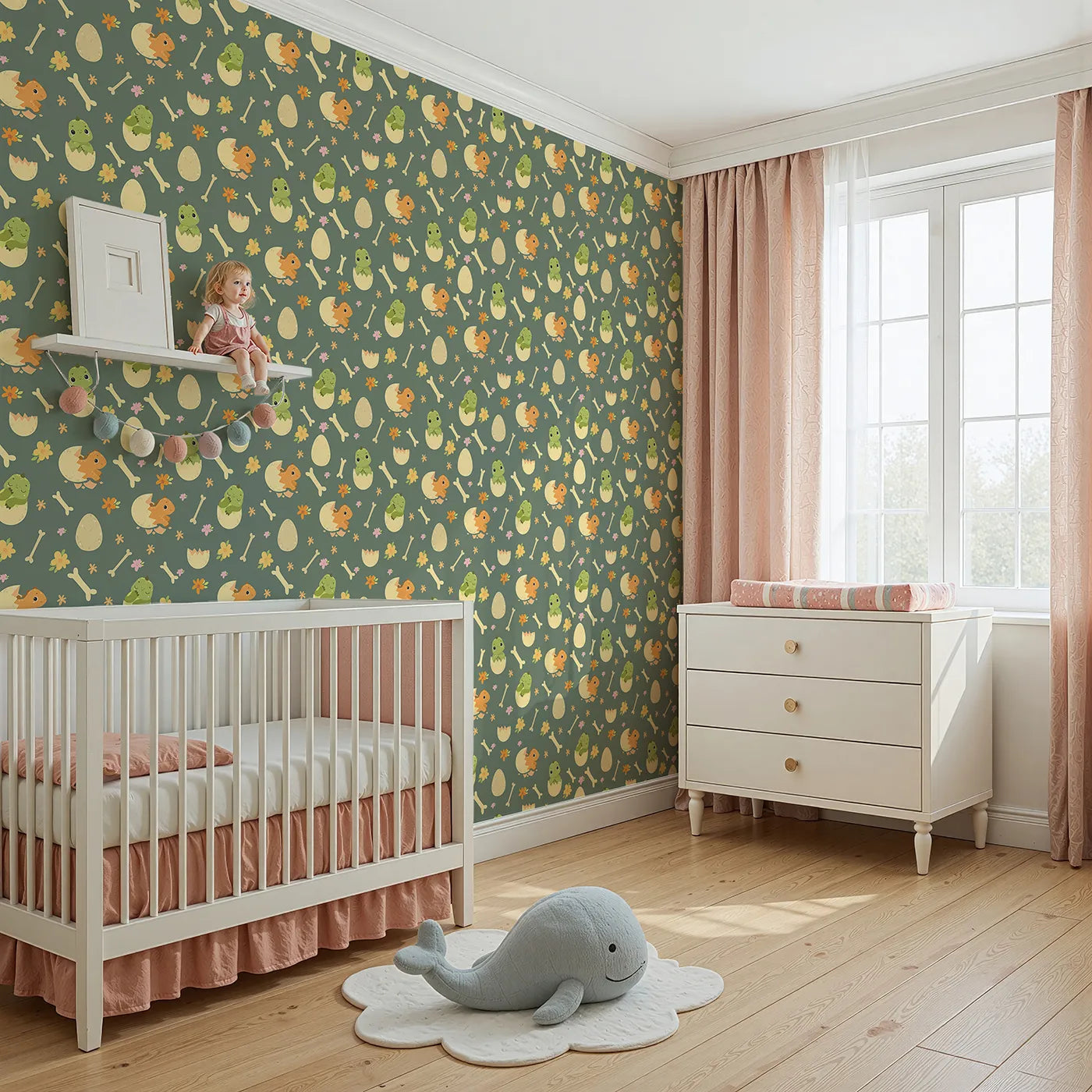 Angled view of Whimsy Tots' Hatchling Dino Parade Wallpaper in Olive Grove Green (W3117C).Baby dinos, bones, and blooms play across a deep forest green.