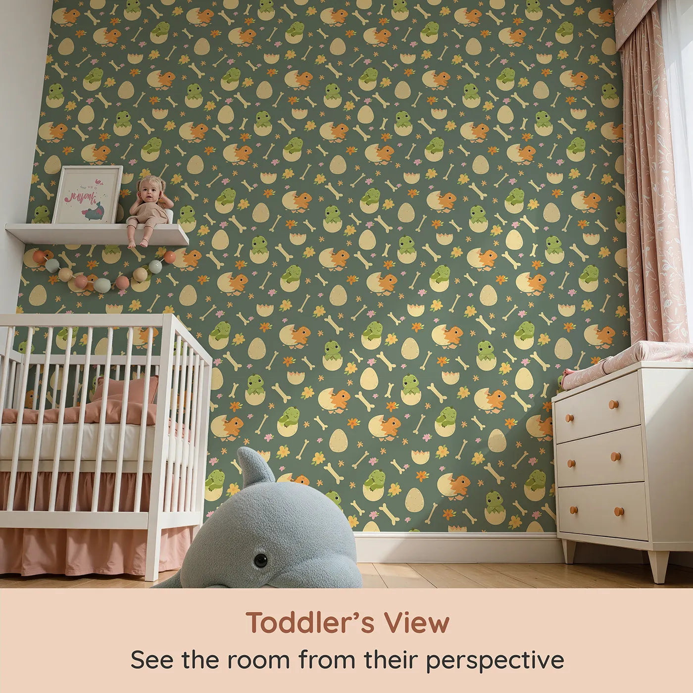 Whimsy Tots Hatchling Dino Parade Wallpaper in Olive Grove Green (W3117C) from your child's view.Baby dinos, bones, and blooms play across a deep forest green.