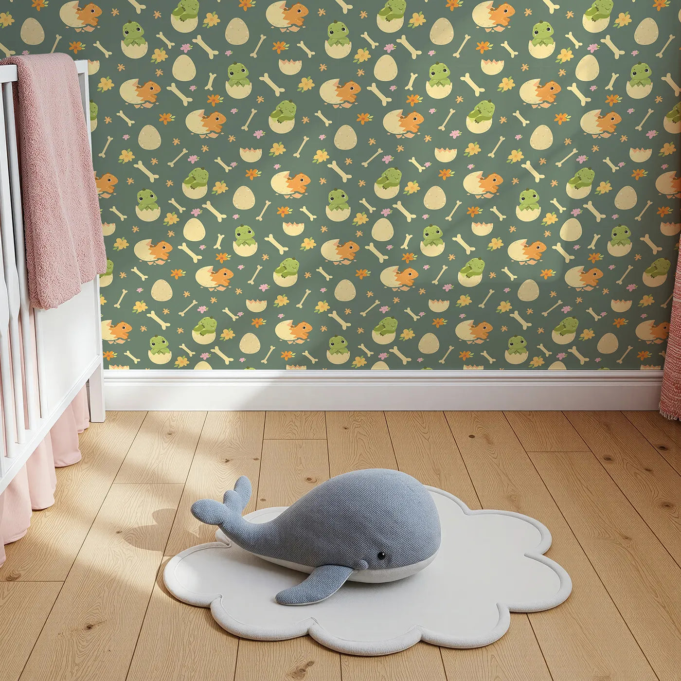 Top-Down view of Whimsy Tots' Hatchling Dino Parade Wallpaper in Olive Grove Green (W3117C).Baby dinos, bones, and blooms play across a deep forest green.