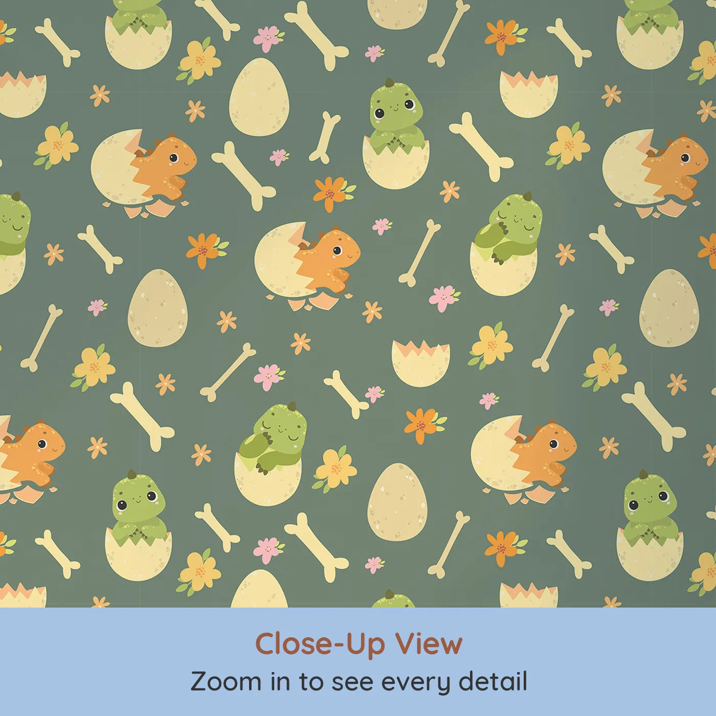 Close-up view of Whimsy Tots' Hatchling Dino Parade Wallpaper in Olive Grove Green (W3117C).Baby dinos, bones, and blooms play across a deep forest green.