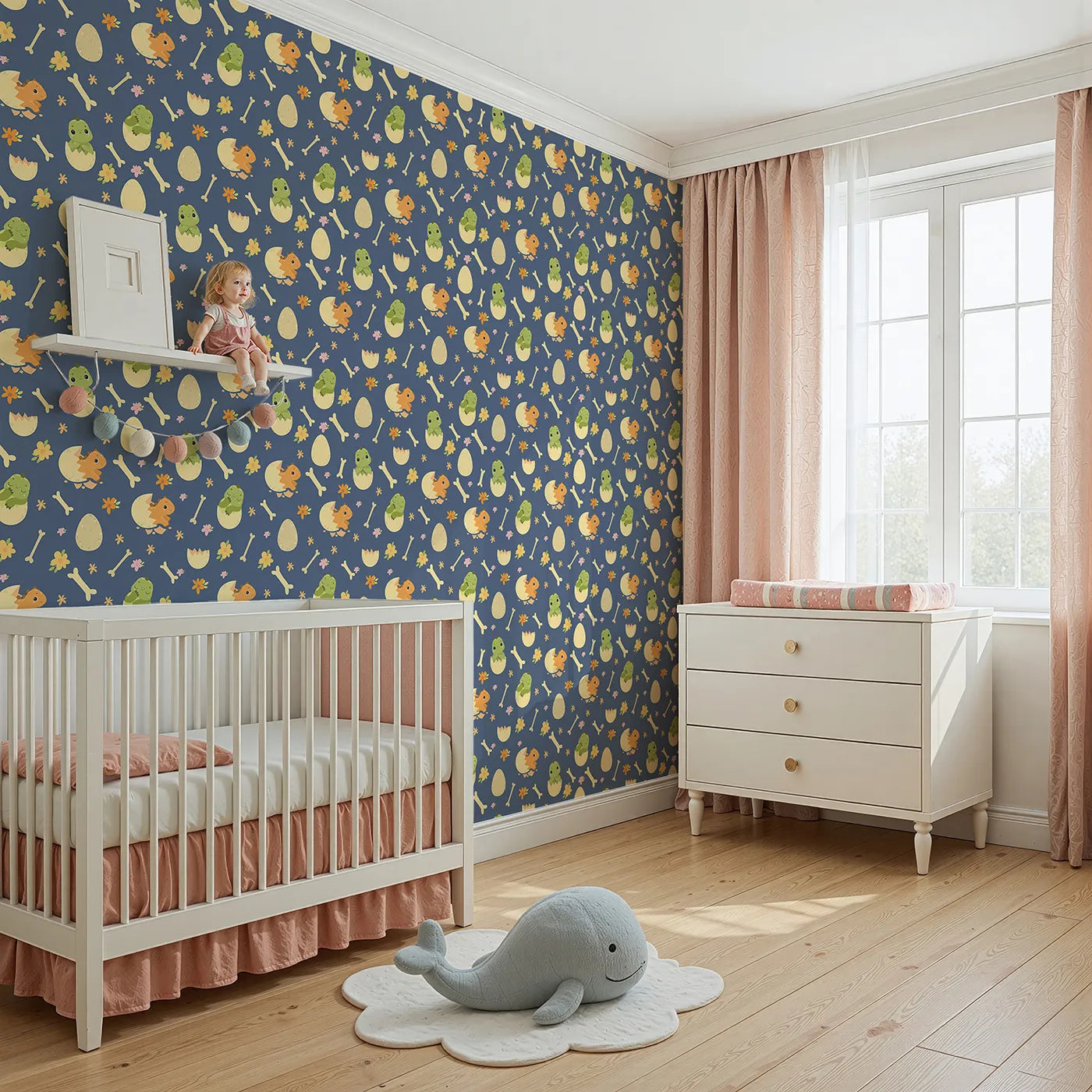 Angled view of Whimsy Tots' Hatchling Dino Parade Wallpaper in Dusty Denim (W3117D).Eggshell dinos and scattered flowers float over soft denim blue.