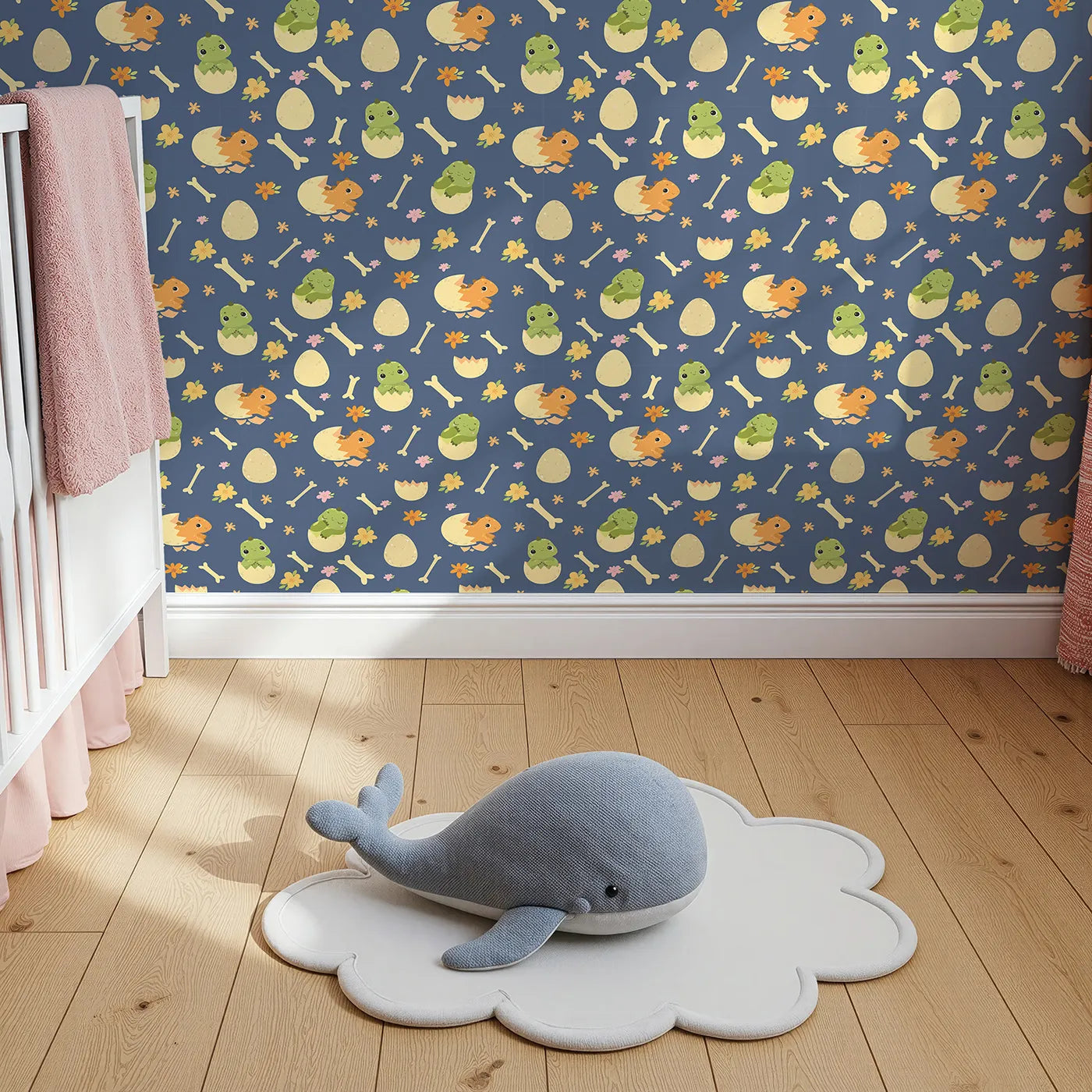 Top-Down view of Whimsy Tots' Hatchling Dino Parade Wallpaper in Dusty Denim (W3117D).Eggshell dinos and scattered flowers float over soft denim blue.