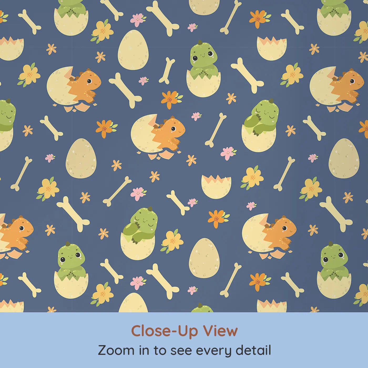 Close-up view of Whimsy Tots' Hatchling Dino Parade Wallpaper in Dusty Denim (W3117D).Eggshell dinos and scattered flowers float over soft denim blue.