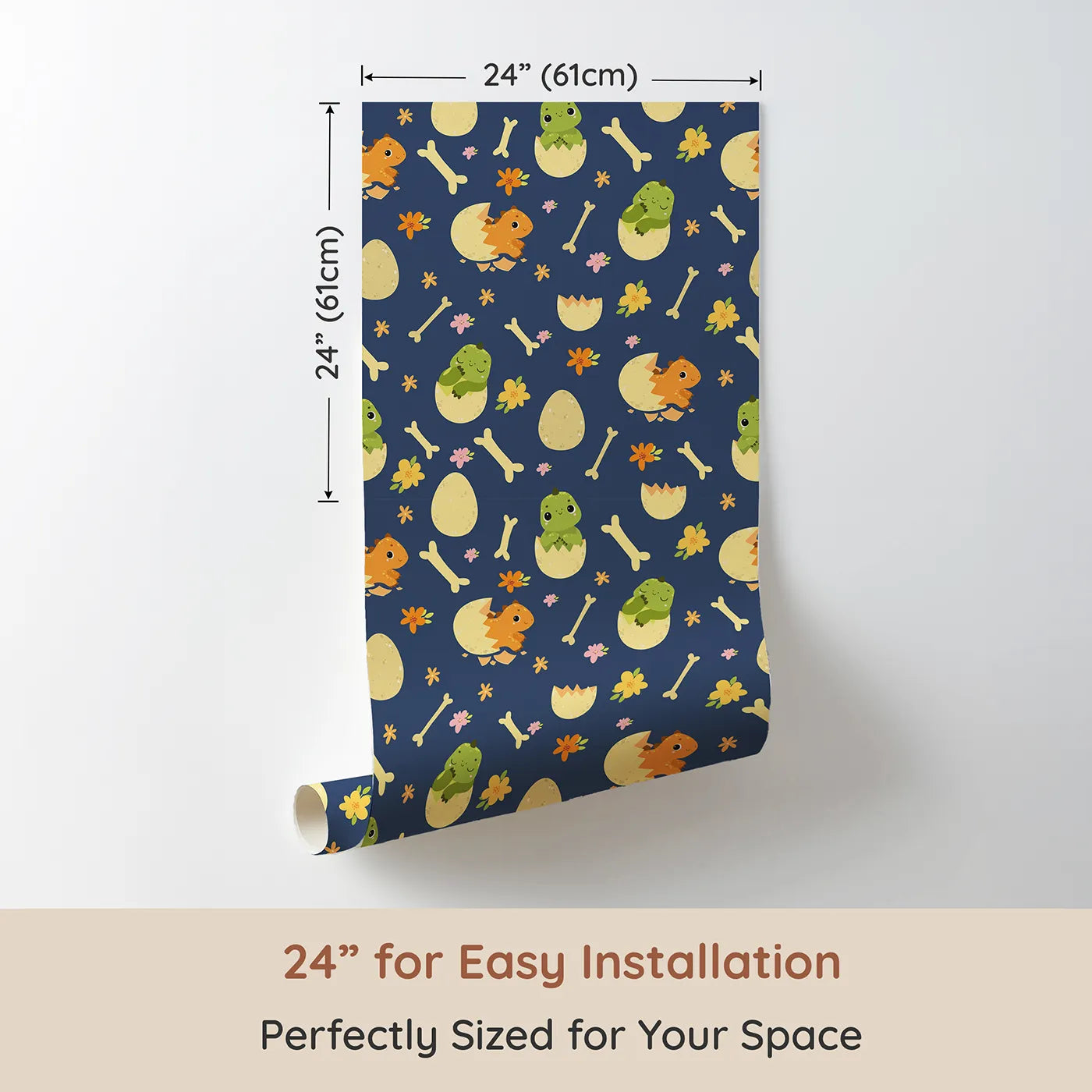 Dimension view of Whimsy Tots Hatchling Dino Parade Wallpaper in Dusty Denim (W3117D). Printed in 24-inch-wide panel for easy installation. Eggshell dinos and scattered flowers float over soft denim blue.