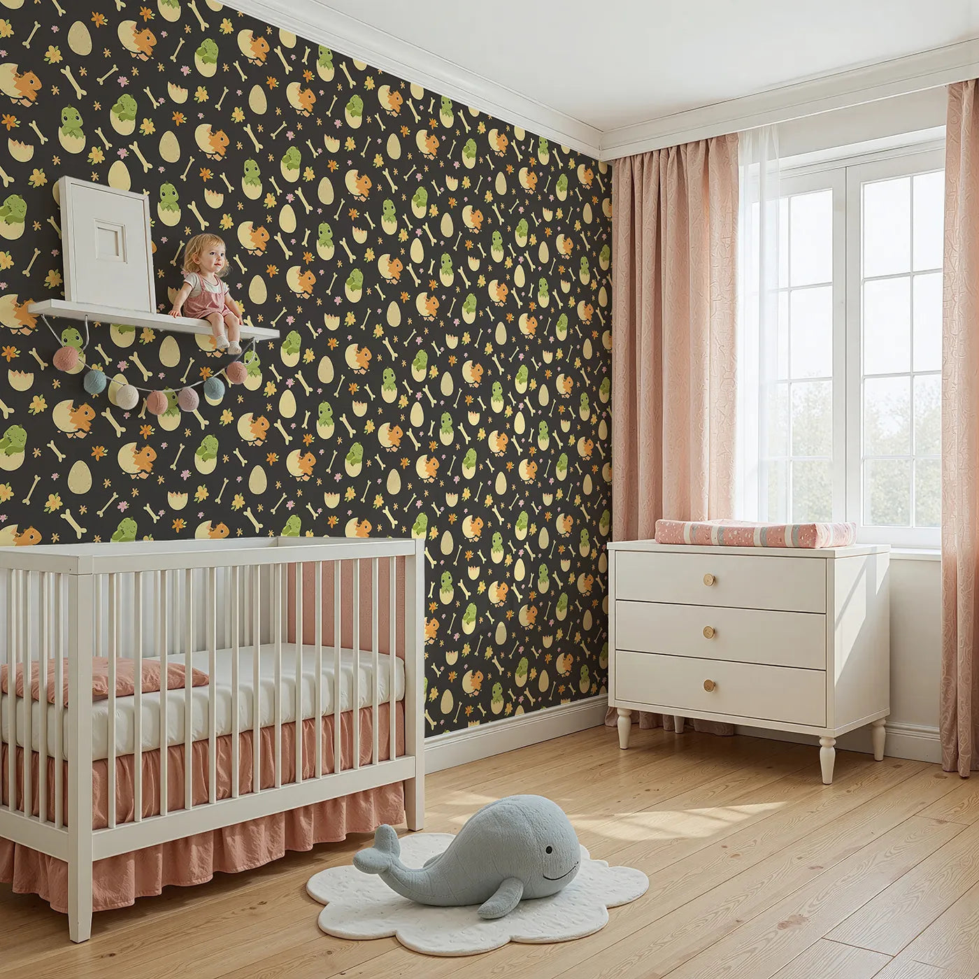 Angled view of Whimsy Tots' Hatchling Dino Parade Wallpaper in Charcoal Twilight Gray (W3117E).Playful dinos and blooming bones glow against soft black.