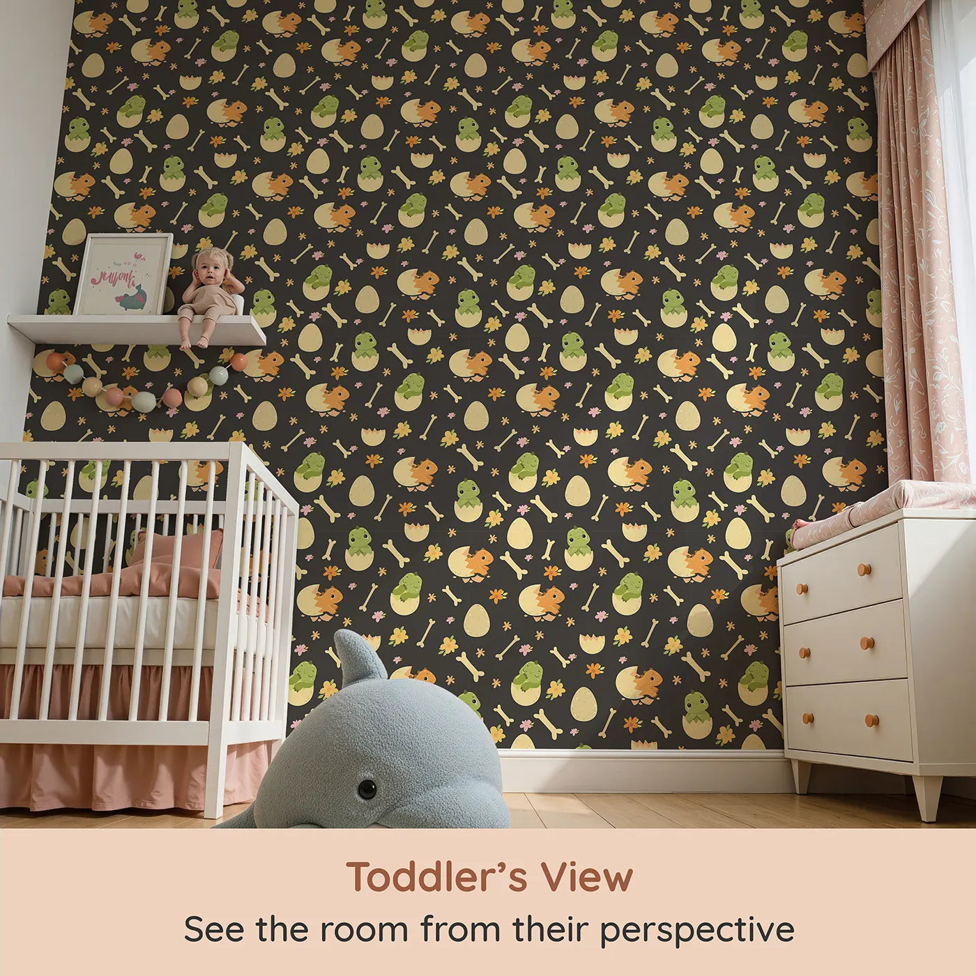 Whimsy Tots Hatchling Dino Parade Wallpaper in Charcoal Twilight Gray (W3117E) from your child's view.Playful dinos and blooming bones glow against soft black.