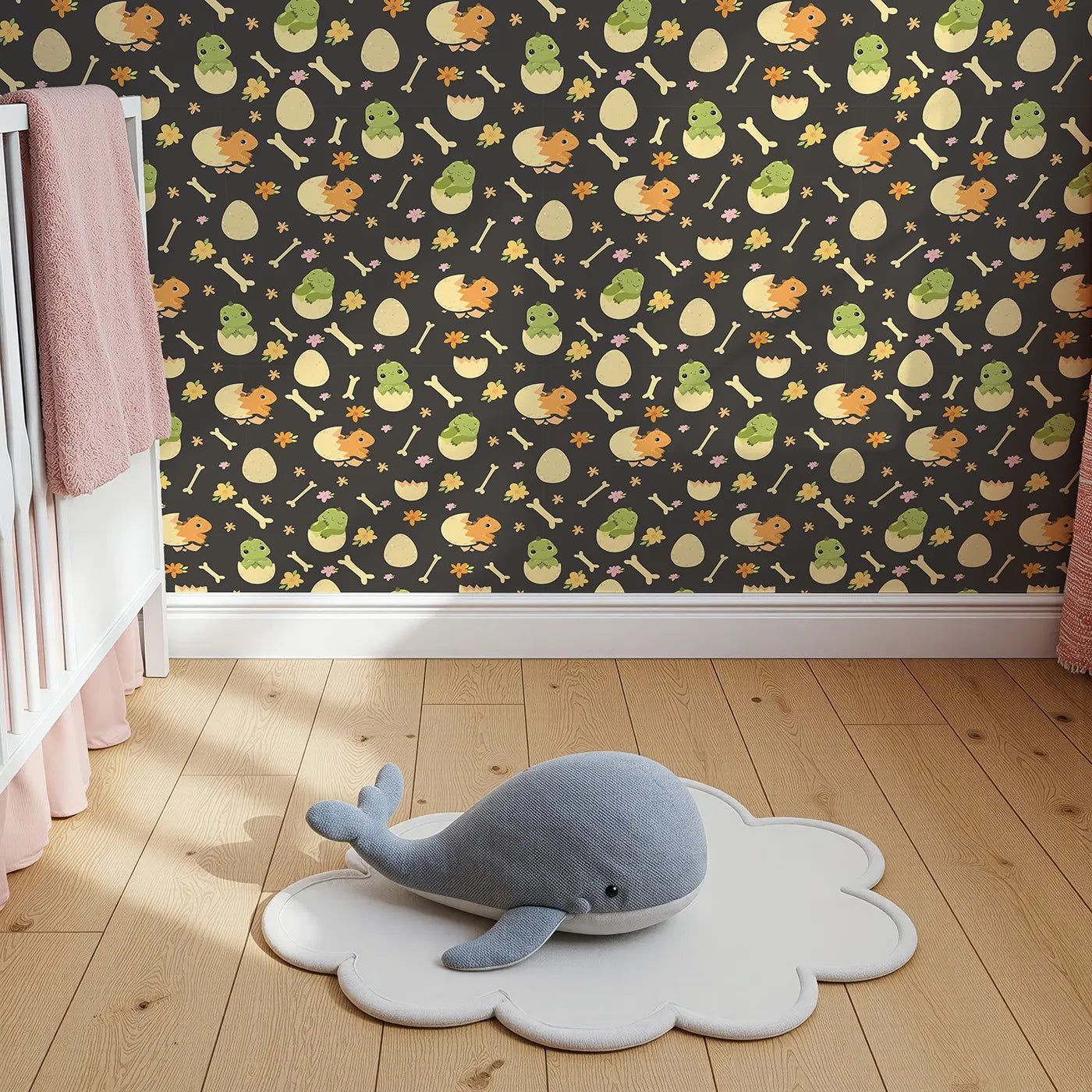 Top-Down view of Whimsy Tots' Hatchling Dino Parade Wallpaper in Charcoal Twilight Gray (W3117E).Playful dinos and blooming bones glow against soft black.