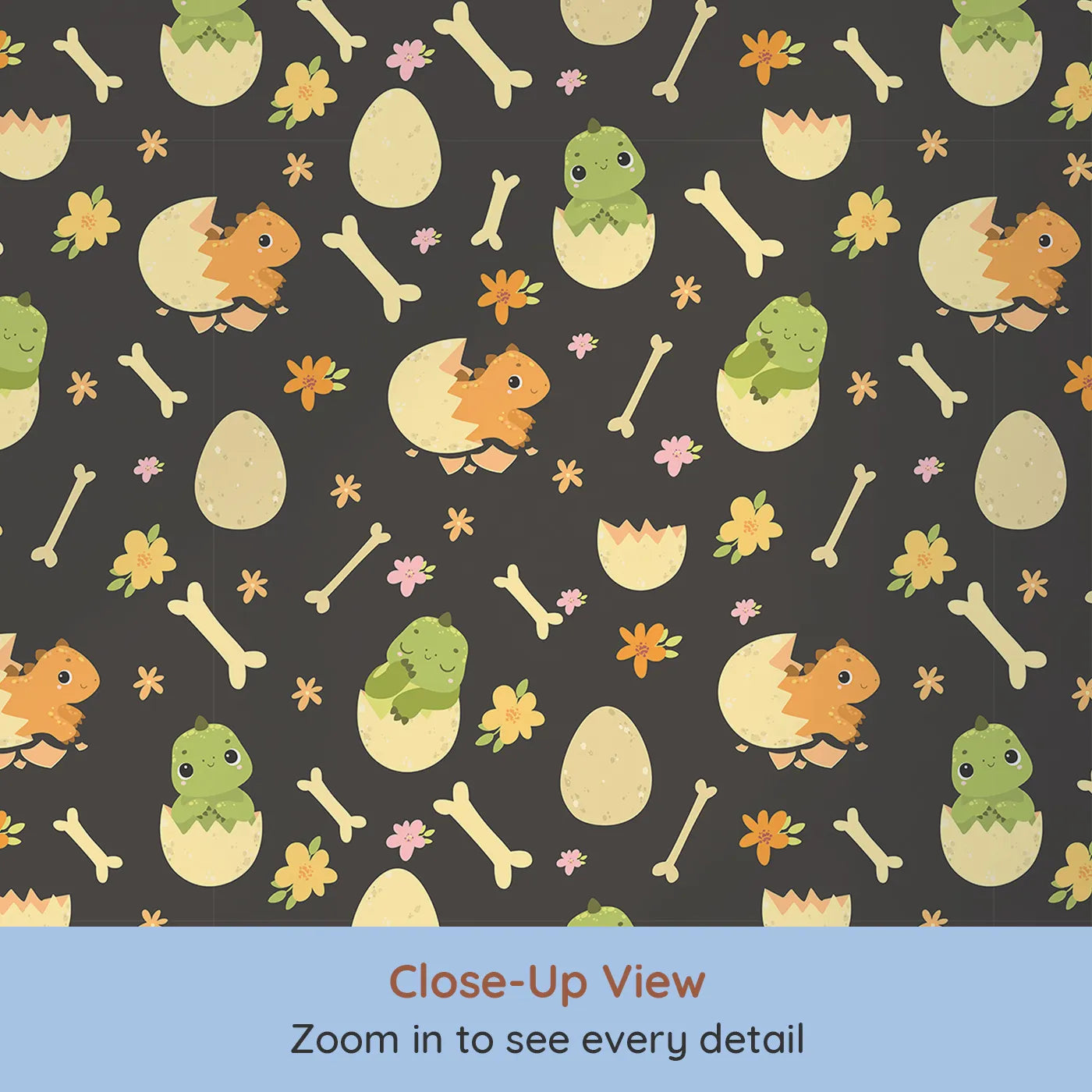 Close-up view of Whimsy Tots' Hatchling Dino Parade Wallpaper in Charcoal Twilight Gray (W3117E).Playful dinos and blooming bones glow against soft black.